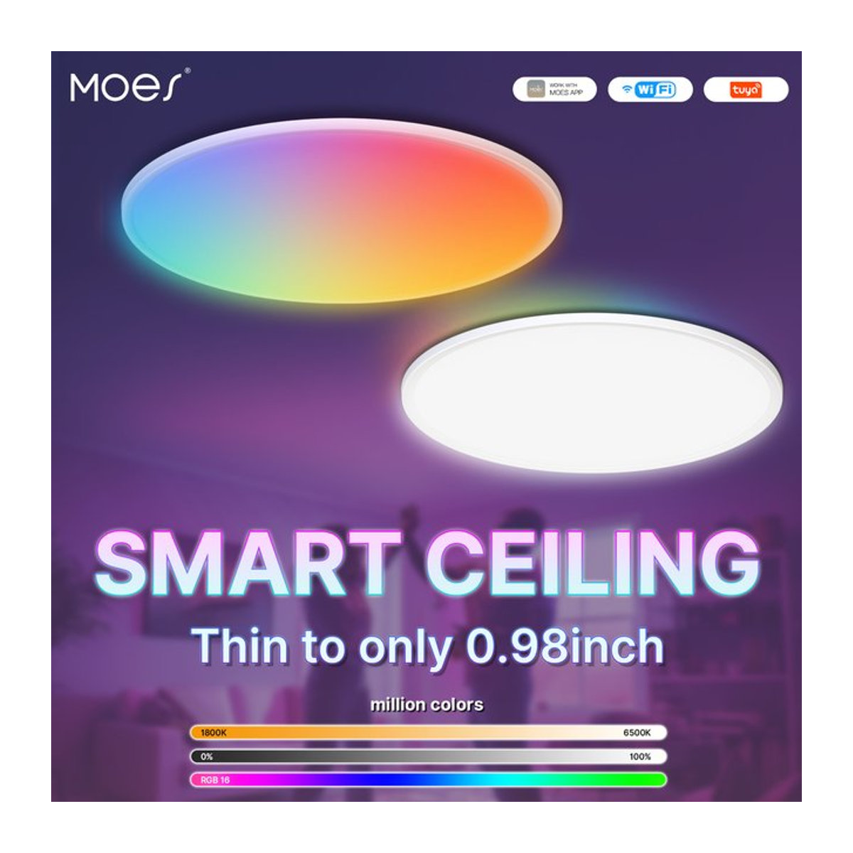 MOES Smart WIFI Deckenleuchte LED RGB dimmbar mit Tuya App und Sprachsteuerung Google Alexa kompatibel, minimalistisches Design, Bunt - Bild 1