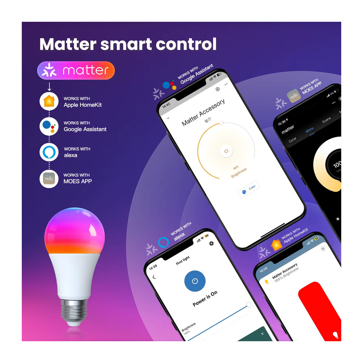 MOES Tuya Matter WiFi Smart Bulb E27 Dimmbare RGB LED-Kerzenlampe mit 16 Millionen Farben und Sprachsteuerung für Alexa und Google Home - Bild 2