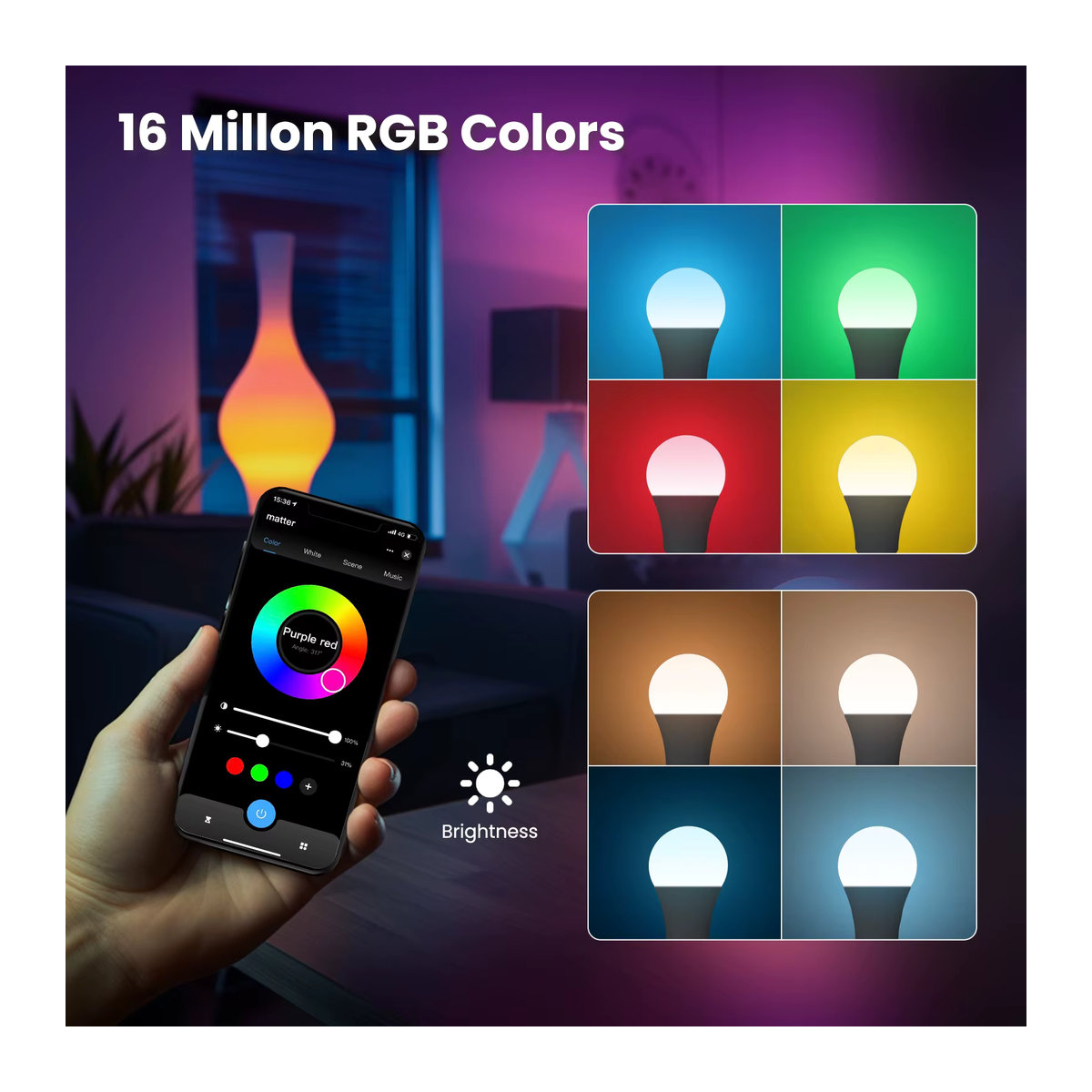 MOES Tuya Matter WiFi Smart Bulb E27 Dimmbare RGB LED-Kerzenlampe mit 16 Millionen Farben und Sprachsteuerung für Alexa und Google Home - Bild 3