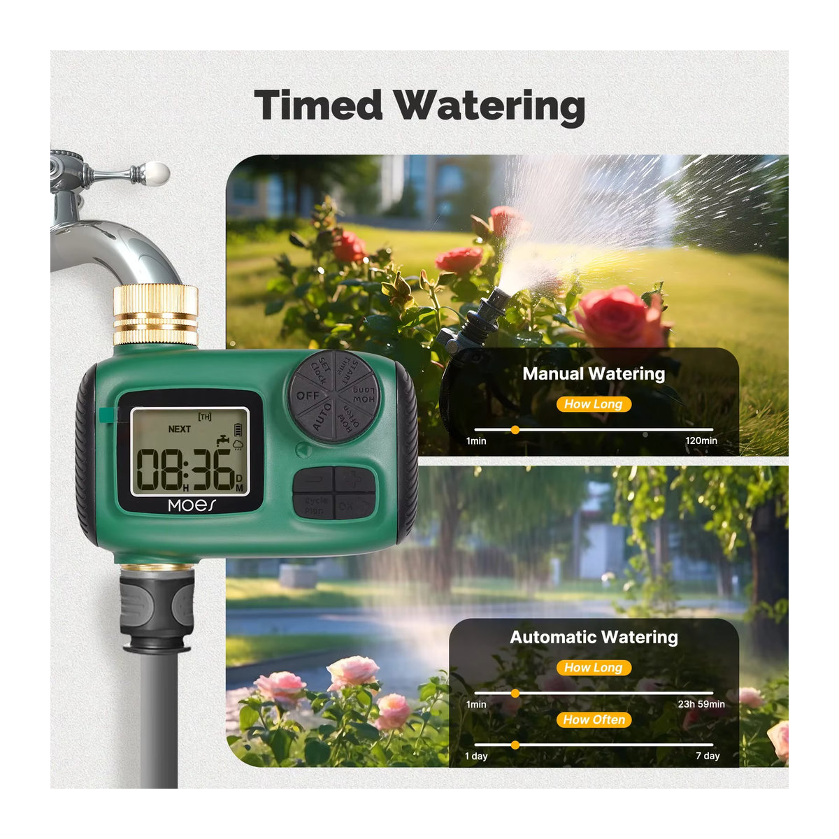 MOES Wasser-Timer mit 1 Ausgang, Messing-Einlass, LCD-Display und IP55 wasserdichter Knopfsteuerung inklusive Regenverzögerung und Kindersicherung - Bild 2