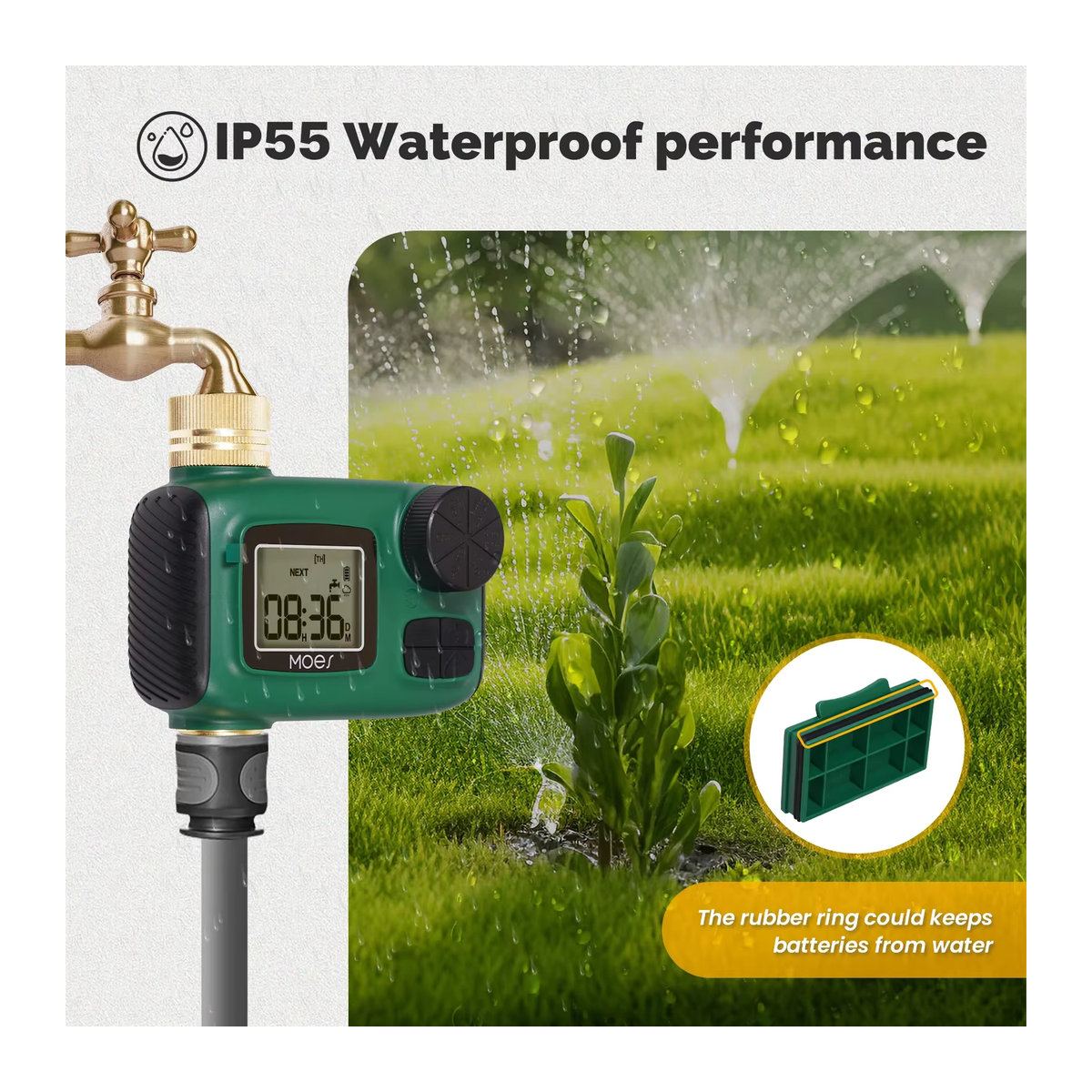 MOES Wasser-Timer mit 1 Ausgang, Messing-Einlass, LCD-Display und IP55 wasserdichter Knopfsteuerung inklusive Regenverzögerung und Kindersicherung - Bild 4