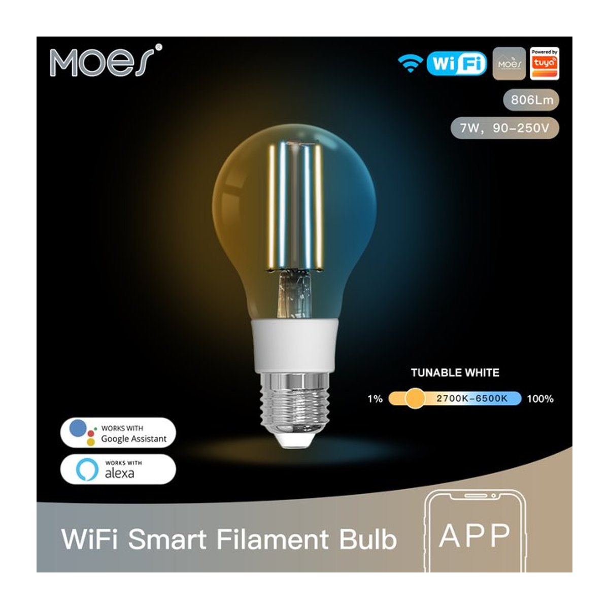 MOES WiFi Smart LED-Glühlampe E27, dimmbar, 7W, 806lm, Weiß, kompatibel mit Tuya Alexa und Google Sprachsteuerung - Bild 1