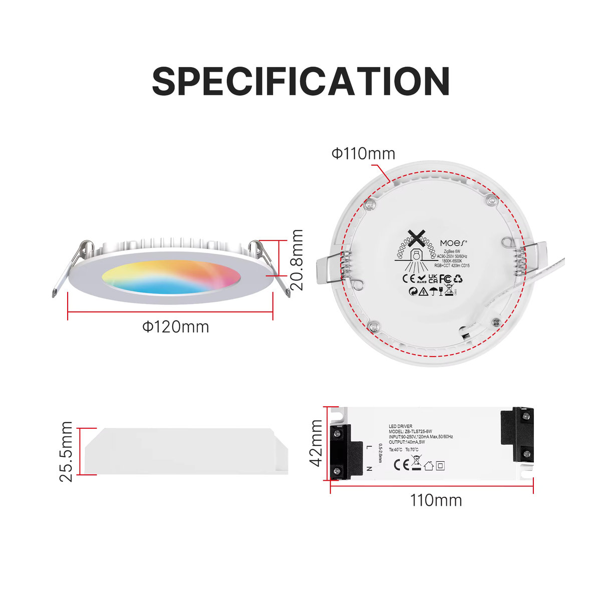 Moes ZigBee LED Einbaustrahler RGB mit dimmbarer Warm- und Kaltweiß-Funktion, 6W, kompatibel mit Alexa, Google Home und Smart Life, bunt - Bild 6