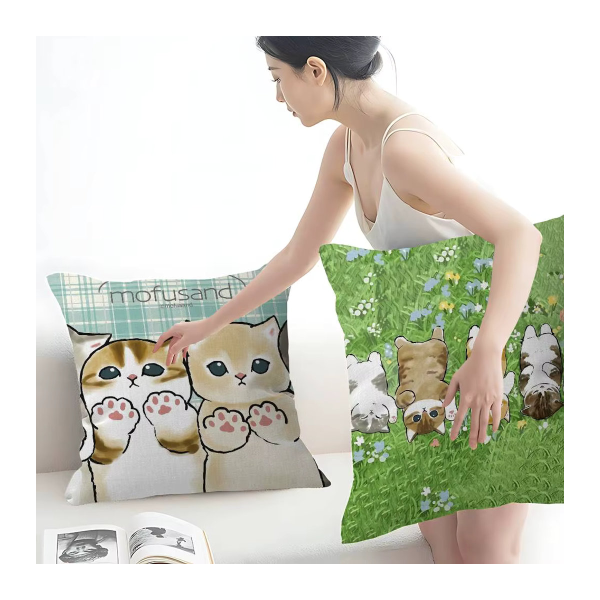 Mofusand Anime Kissenbezug mit lustiger Katze, B/B: 45 x 45 cm - Bild 2