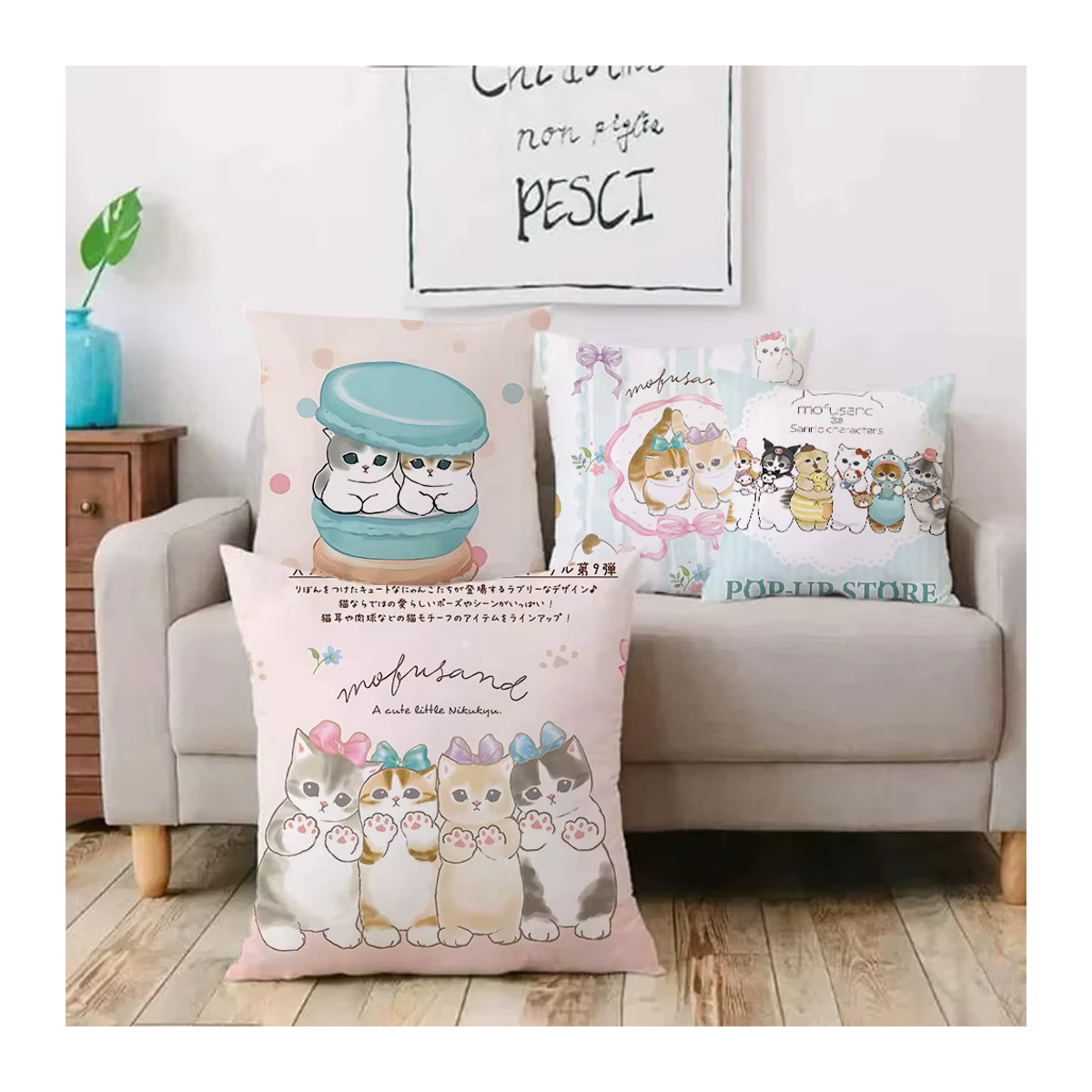Mofusand Kissenbezug mit Cartoon-Katzen-Motiv aus weichem Plüsch, mehrfarbig, nur Kissenbezug - Bild 2