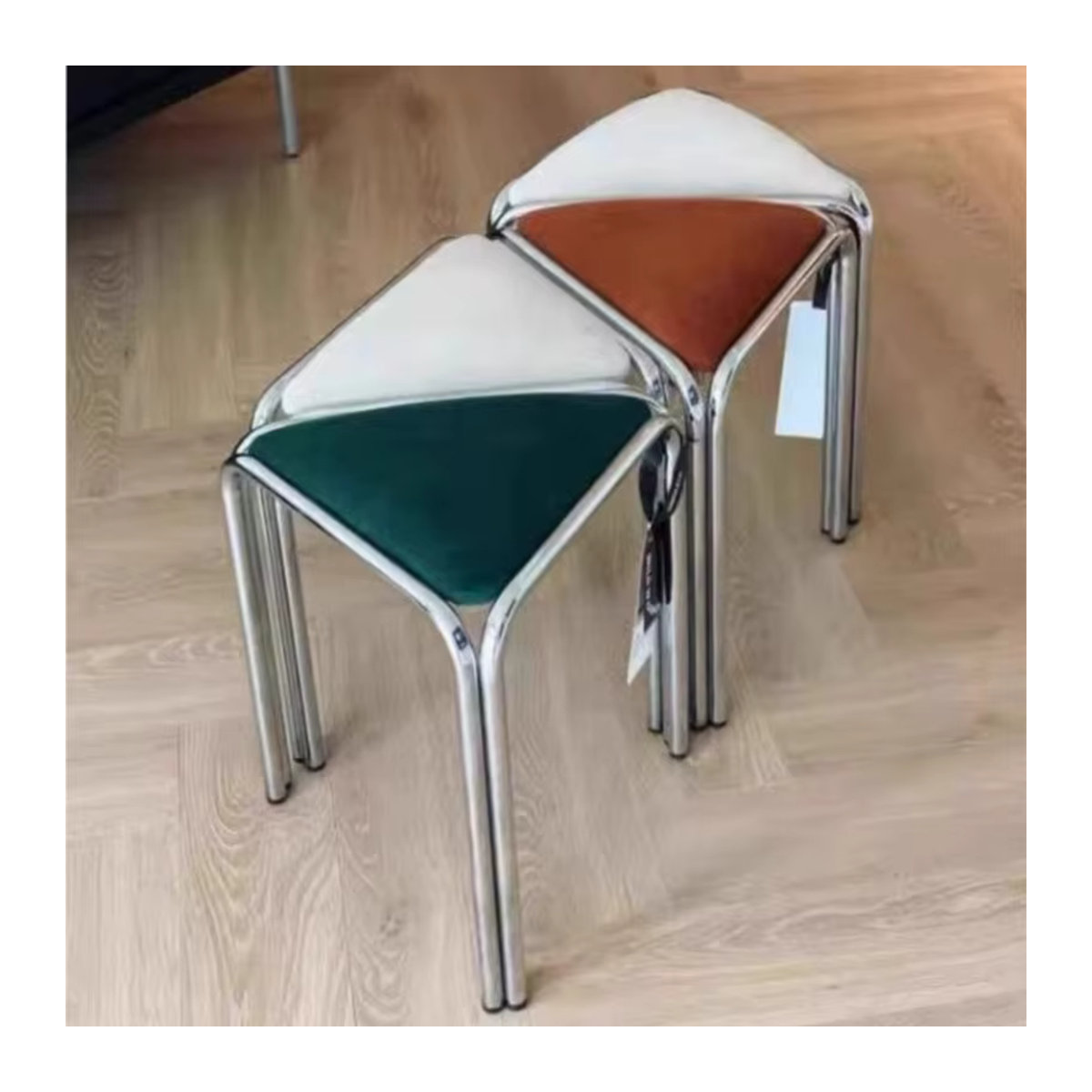 MOMO Bauhaus Antiker Schminkhocker aus Edelstahl mit Stoffpolsterung in Schwarz und Bunt, minimalistischer Designer-Polsterhocker im modernen Stil - Bild 2