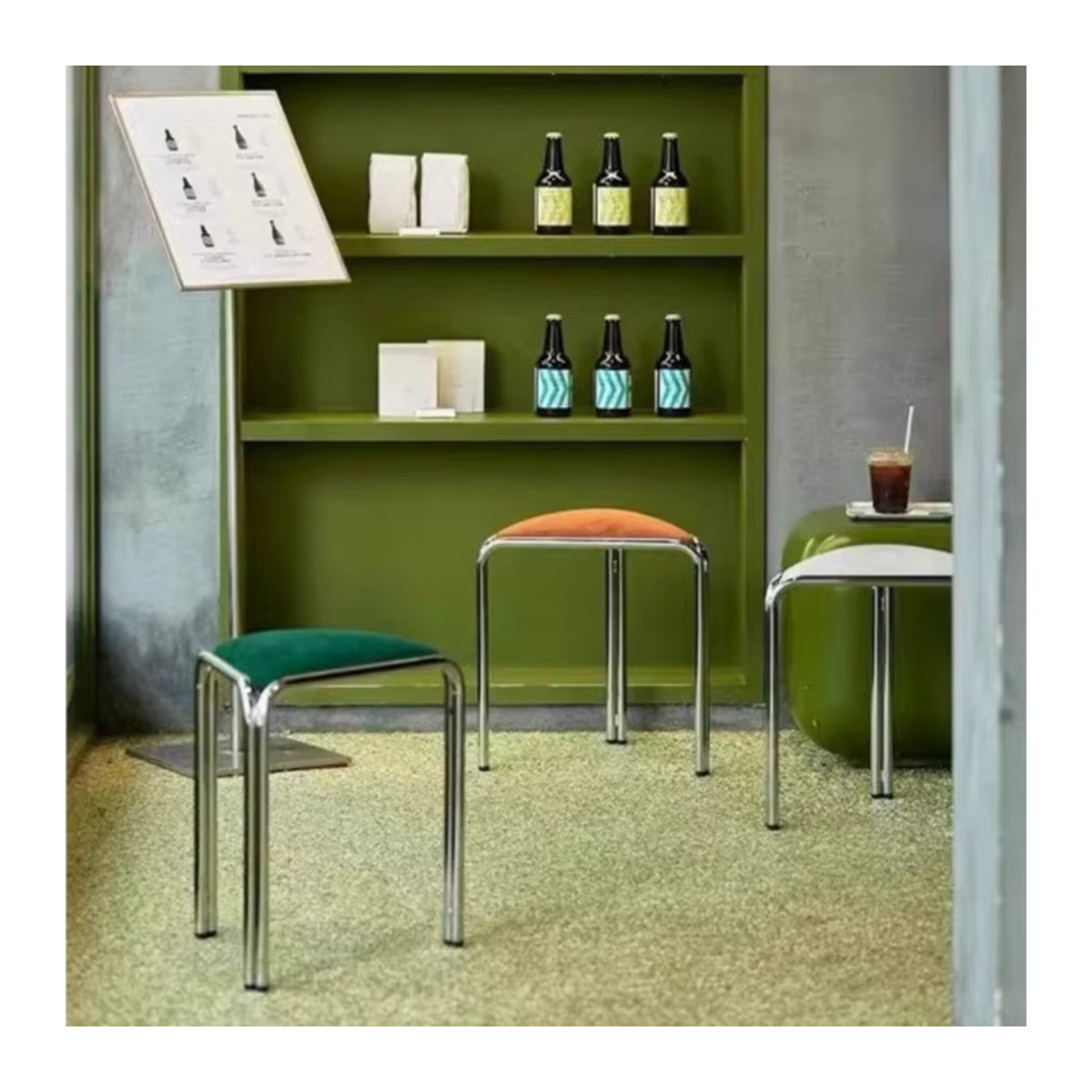MOMO Bauhaus Antiker Schminkhocker aus Edelstahl mit Stoffpolsterung in Schwarz und Bunt, minimalistischer Designer-Polsterhocker im modernen Stil - Bild 4