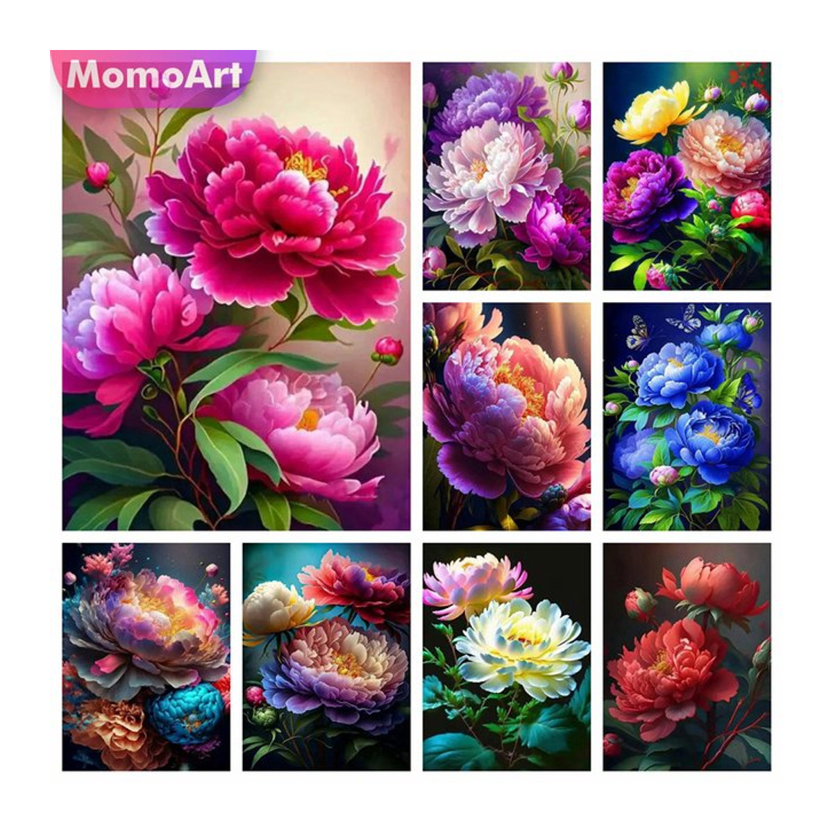 MomoArt 5D Diamantmalerei Pfingstrose DIY Stickerei Set mit bunten runden Strasssteinen für Wandkunst - Bild 1