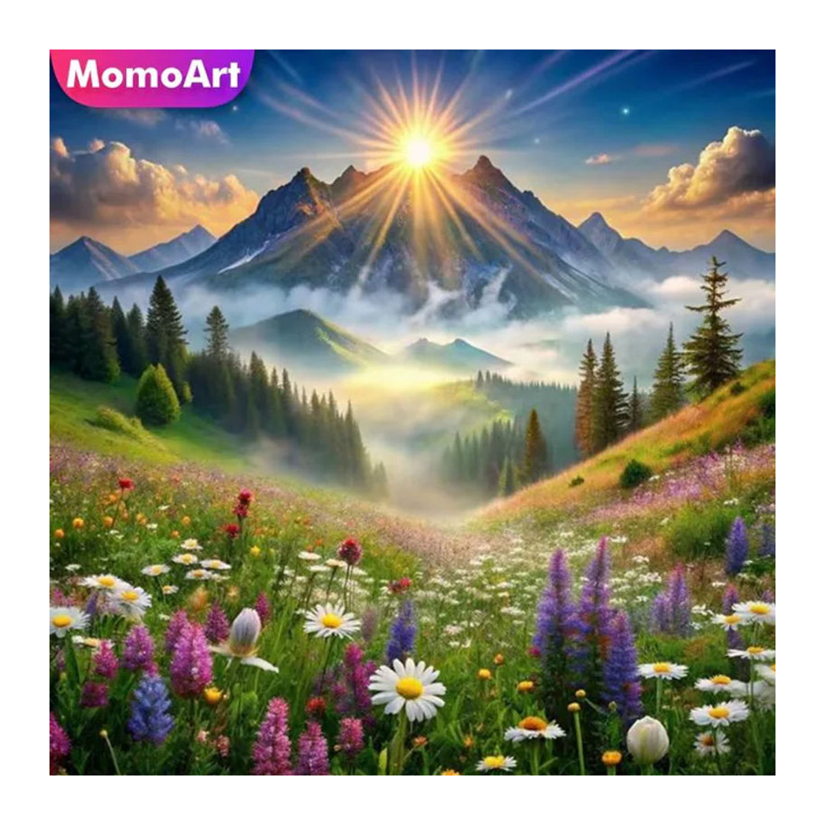 Momoart 5D DIY Diamant-Stickerei Berglandschaft mit Sonnenuntergang als mehrfarbiges Kreuzstich Diamant-Mosaik Bild - Bild 1