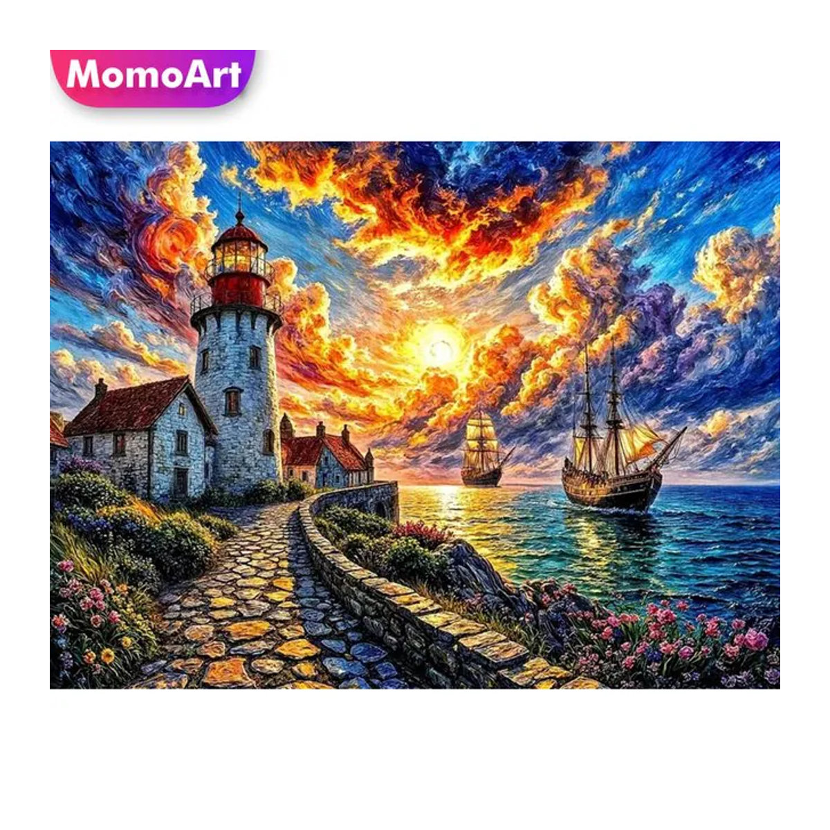 Momoart 5D DIY Diamantmalerei Leuchtturm-Landschaft mit Boot am Meer als mehrfarbiges Mosaik-Set zur Wandmontage - Bild 1