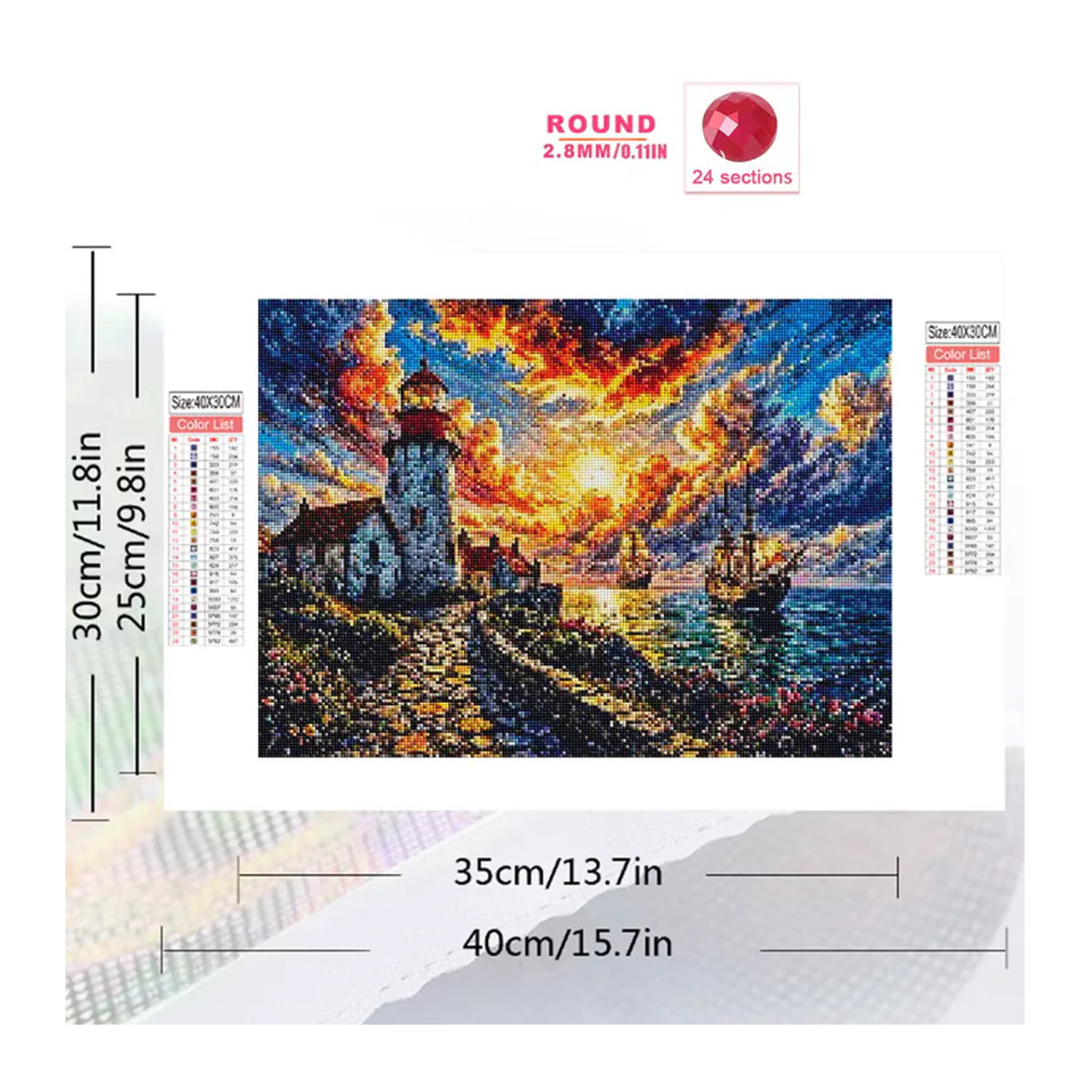 Momoart 5D DIY Diamantmalerei Leuchtturm-Landschaft mit Boot am Meer als mehrfarbiges Mosaik-Set zur Wandmontage - Bild 2