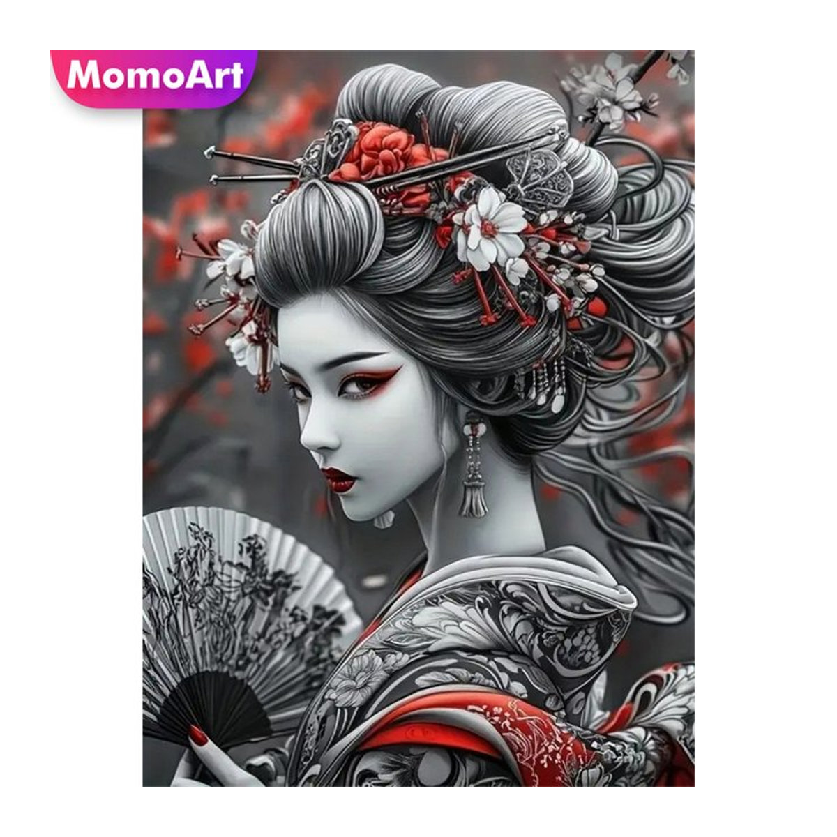 Momoart Diamant Mosaik Porträt Japanische Frau DIY Rund Mehrfarbig Floral - Bild 1