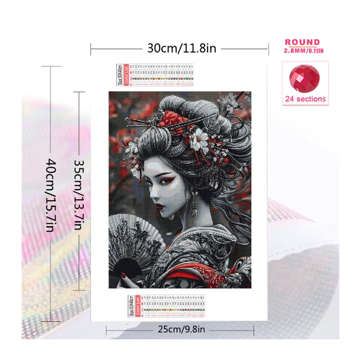 Momoart Diamant Mosaik Porträt Japanische Frau DIY Rund Mehrfarbig Floral - Bild 2