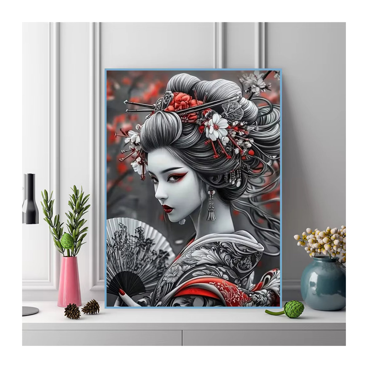 Momoart Diamant Mosaik Porträt Japanische Frau DIY Rund Mehrfarbig Floral - Bild 3