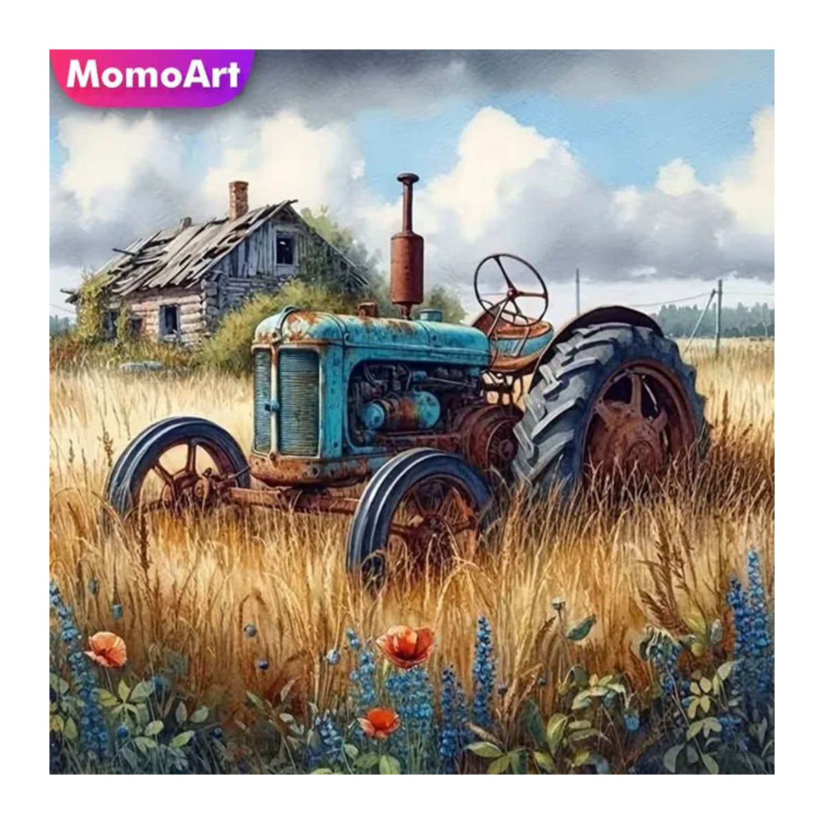 Momoart Diamant-Stickerei Bauernhof-Landschaft mit Traktor als DIY-Mosaik-Bild in Rundform, Mehrfarbig - Bild 1