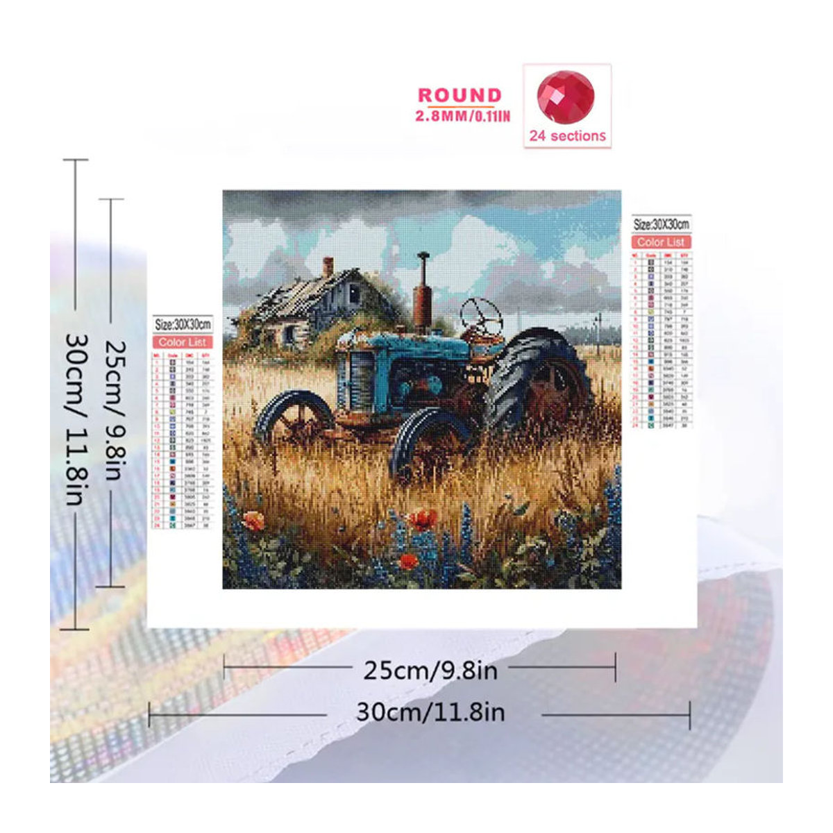Momoart Diamant-Stickerei Bauernhof-Landschaft mit Traktor als DIY-Mosaik-Bild in Rundform, Mehrfarbig - Bild 2