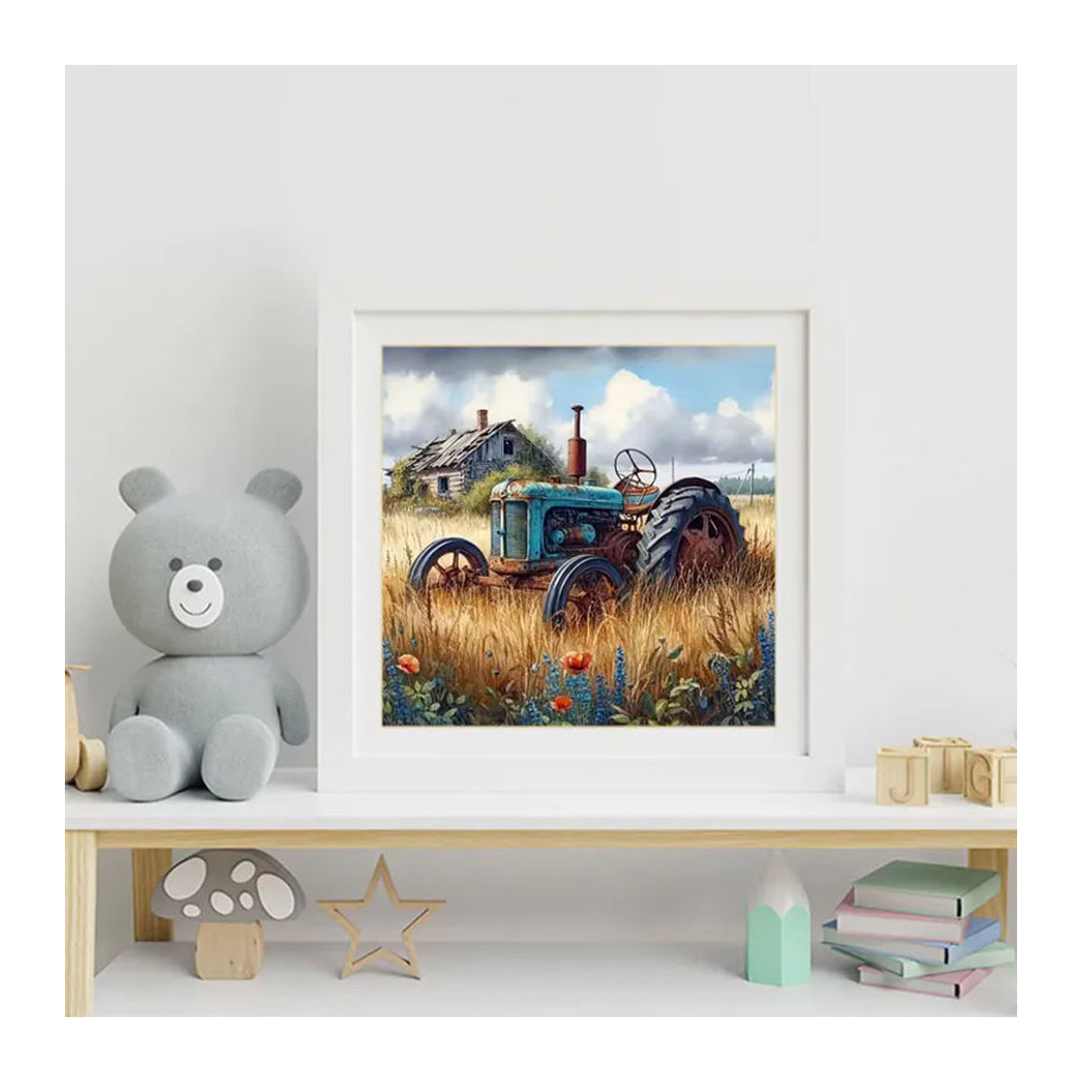 Momoart Diamant-Stickerei Bauernhof-Landschaft mit Traktor als DIY-Mosaik-Bild in Rundform, Mehrfarbig - Bild 3