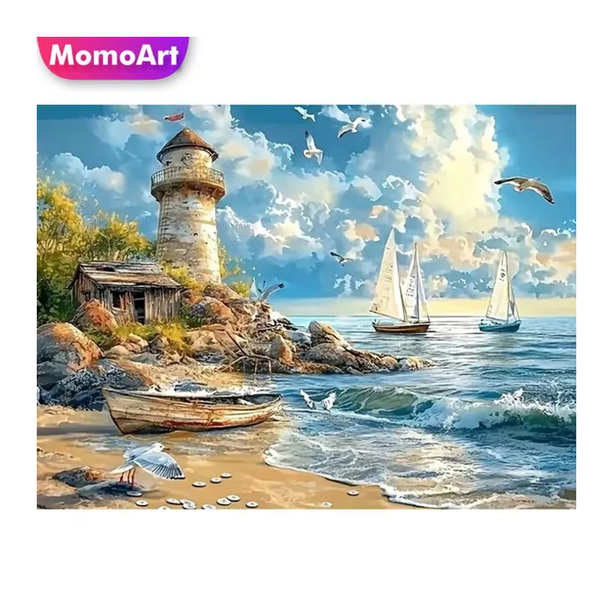 Momoart Diamant-Stickerei Küstenlandschaft mit Leuchtturm und Boot als DIY Mosaik-Set aus Kunstharz, mehrfarbig - Bild 1