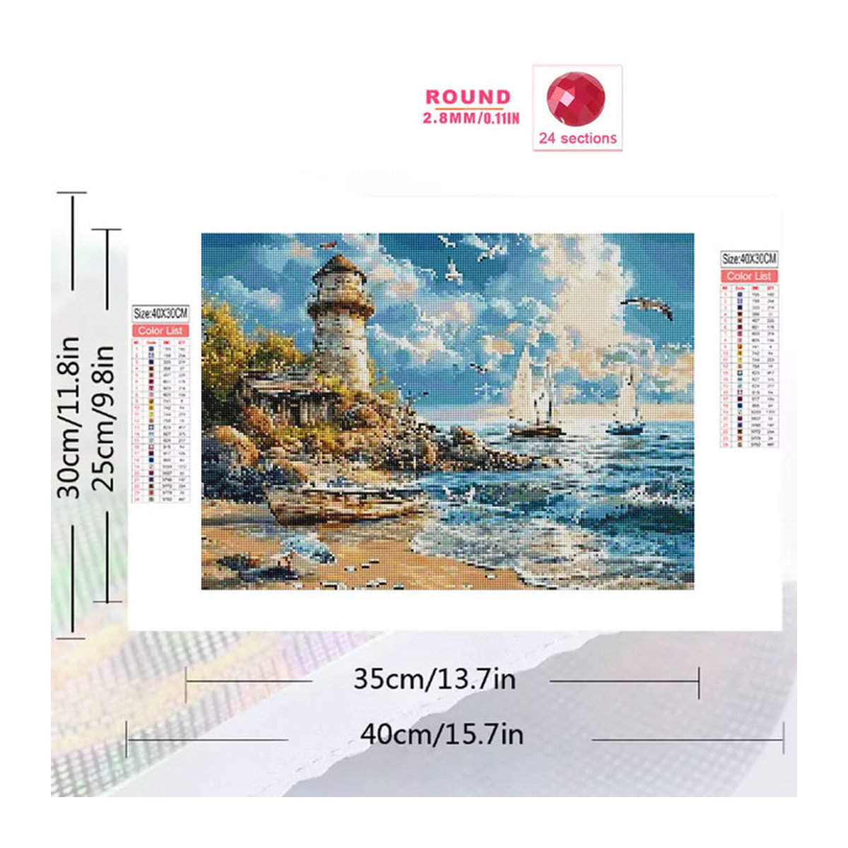Momoart Diamant-Stickerei Küstenlandschaft mit Leuchtturm und Boot als DIY Mosaik-Set aus Kunstharz, mehrfarbig - Bild 2