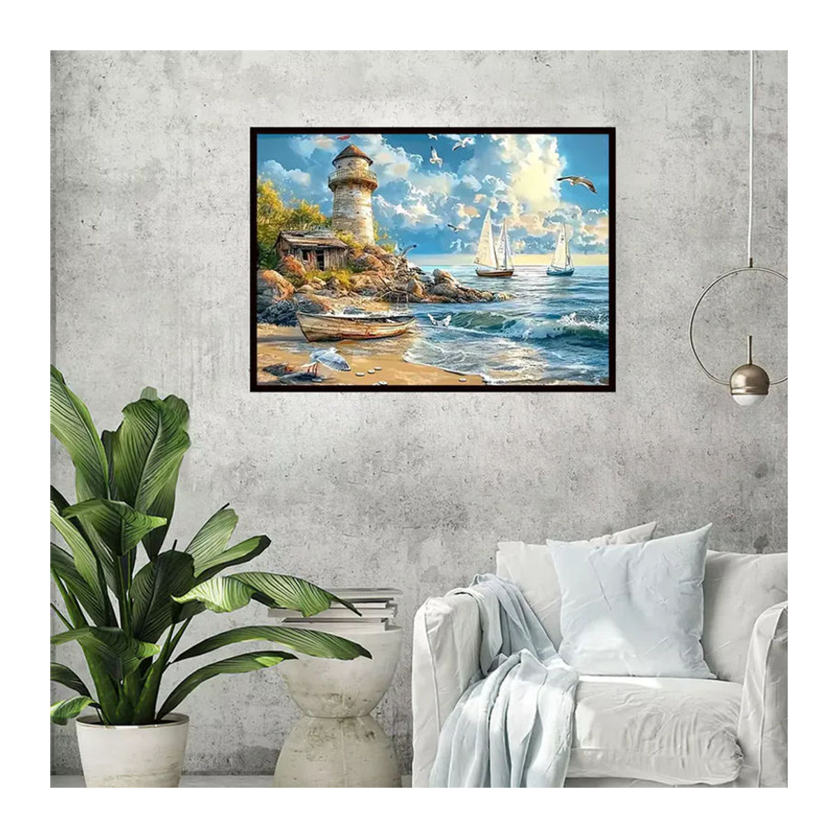 Momoart Diamant-Stickerei Küstenlandschaft mit Leuchtturm und Boot als DIY Mosaik-Set aus Kunstharz, mehrfarbig - Bild 3