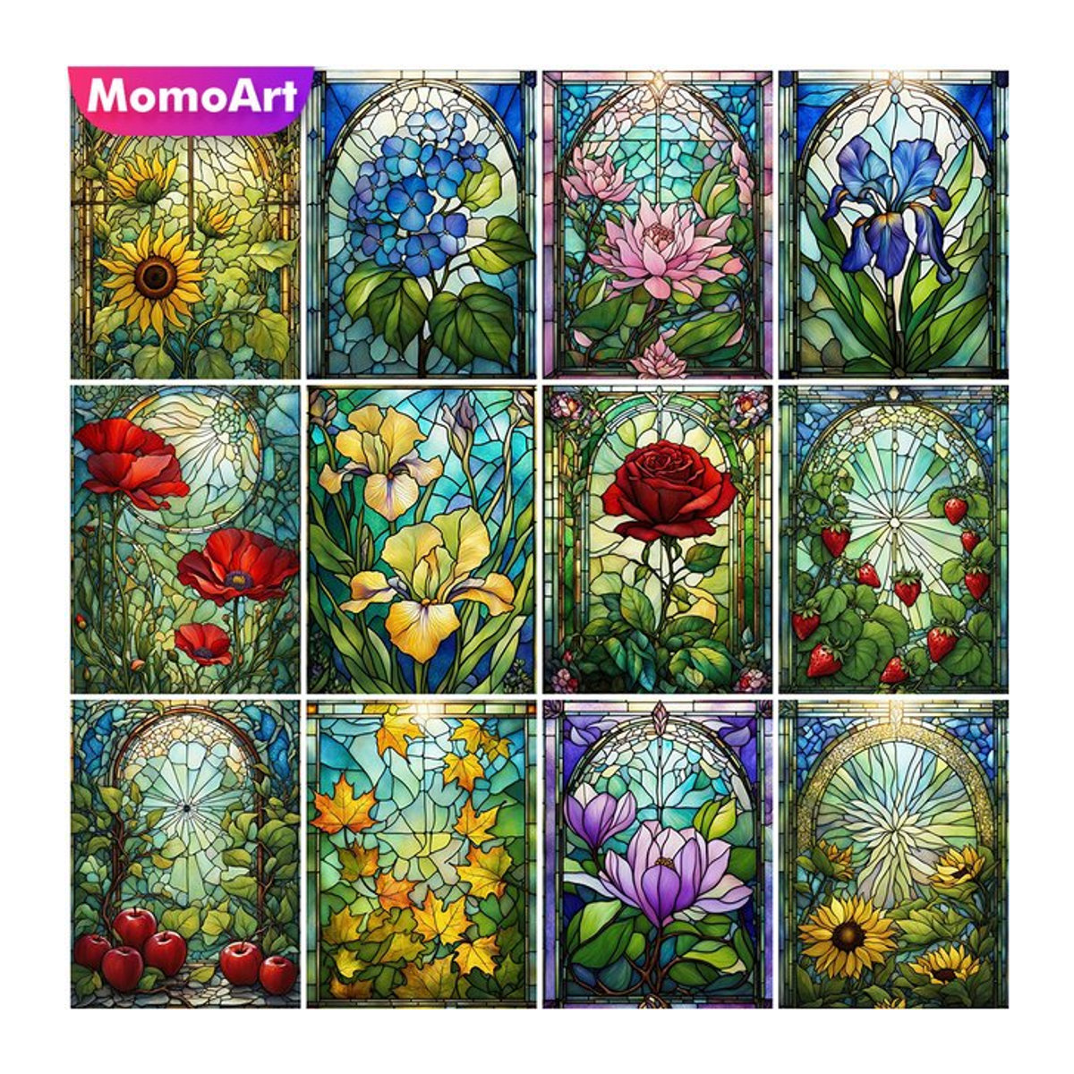 Momoart Diamantmalerei Blumenmosaik mit Rosen, Sonnenblumen und Pfingstrosen, rund, mehrfarbig, Durchmesser: 30 cm - Bild 1