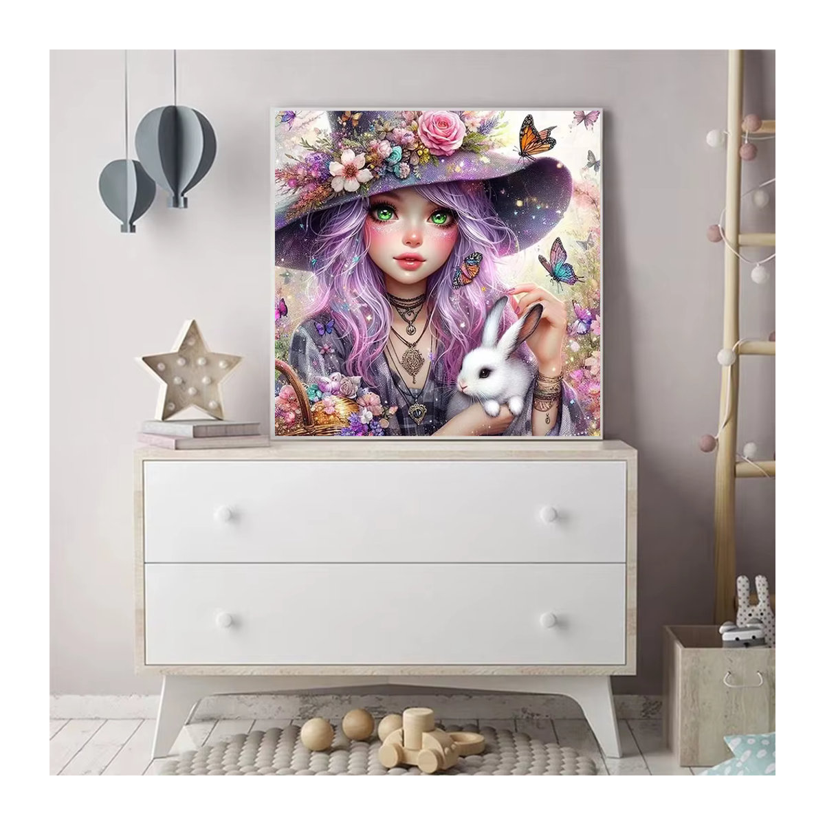 Momoart Diamantmalerei für Kinder mit Cartoon Kaninchen Porträt als rundes Diamant-Mosaik Set - Bild 3