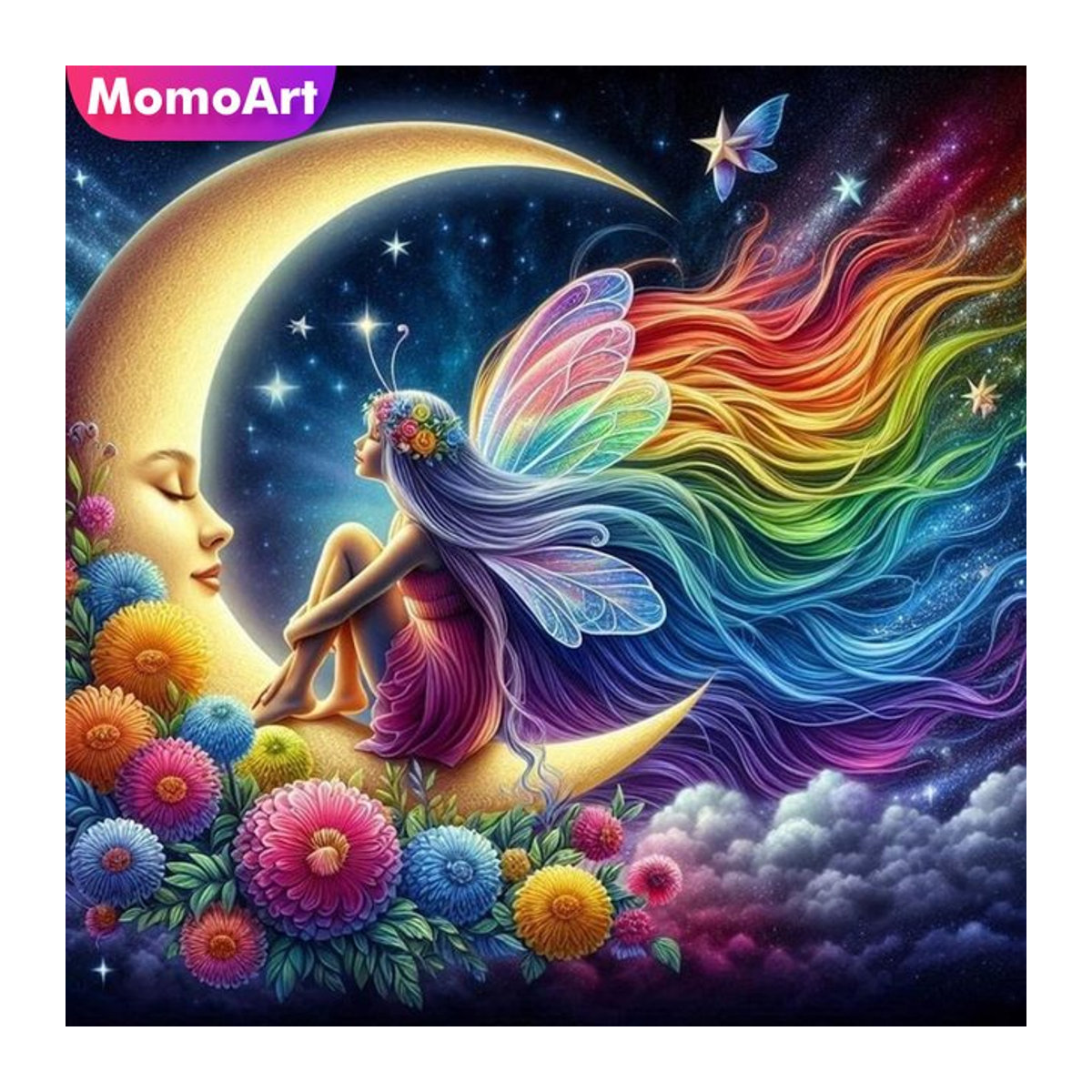 Momoart Diamantmalerei Mädchen Porträt mit Mondlandschaft als runde Stickerei in Mehrfarbig - Bild 1