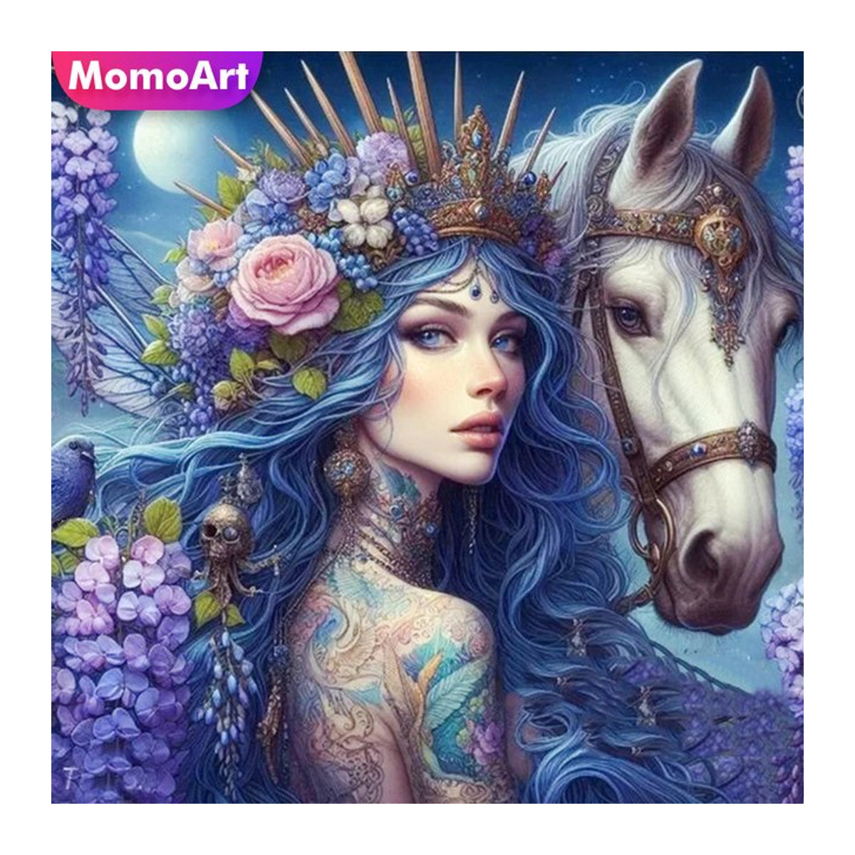 Momoart Diamantmalerei Porträt mit Pferd als rundes Mosaik-Set in Mehrfarbig - Bild 1