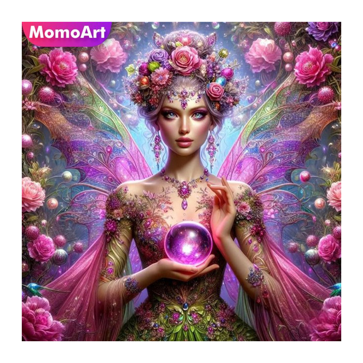 Momoart Diamantmalerei Porträt mit Pfingstrosen als runde Wandkunst in Mehrfarbig - Bild 1