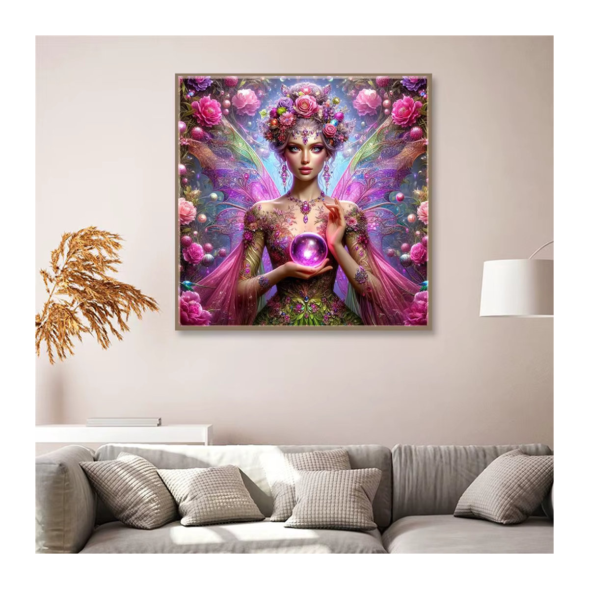Momoart Diamantmalerei Porträt mit Pfingstrosen als runde Wandkunst in Mehrfarbig - Bild 3
