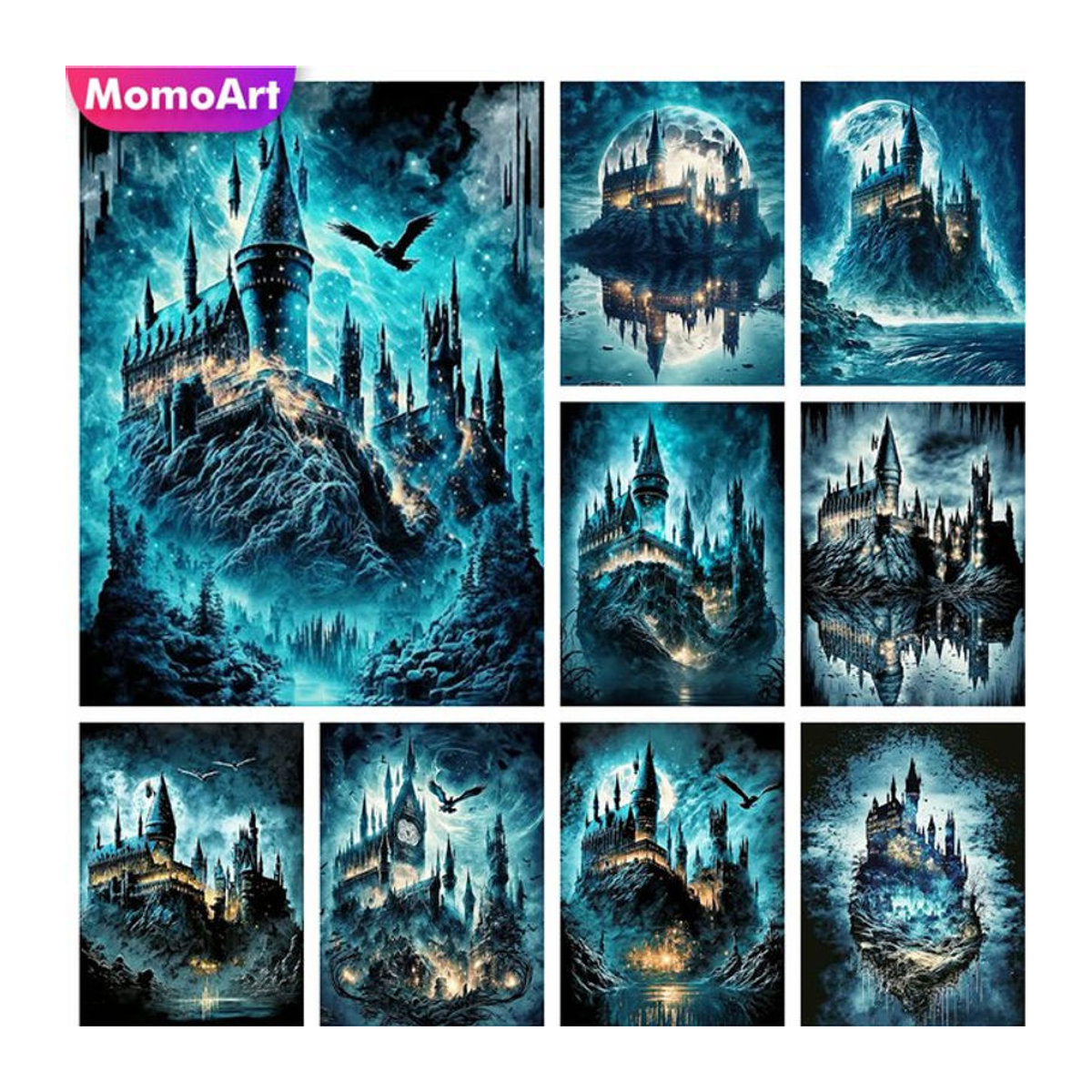 Momoart Diamantmalerei Schloss und Mond Landschaft als Mosaik-Stickerei in Blau - Bild 1