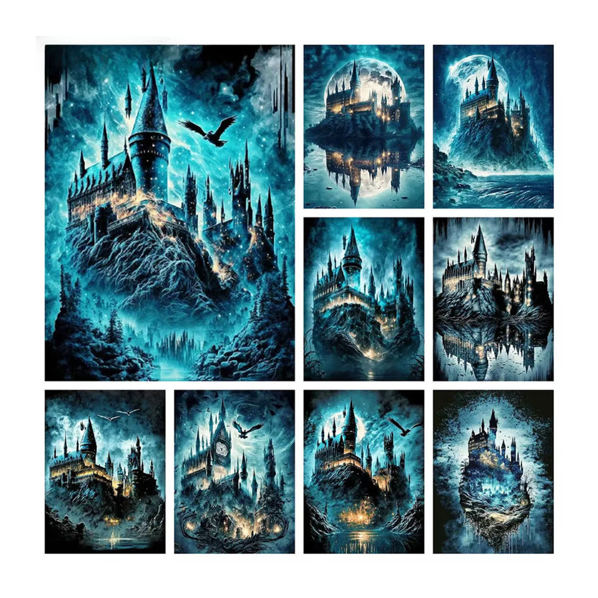 Momoart Diamantmalerei Schloss und Mond Landschaft als Mosaik-Stickerei in Blau - Bild 4