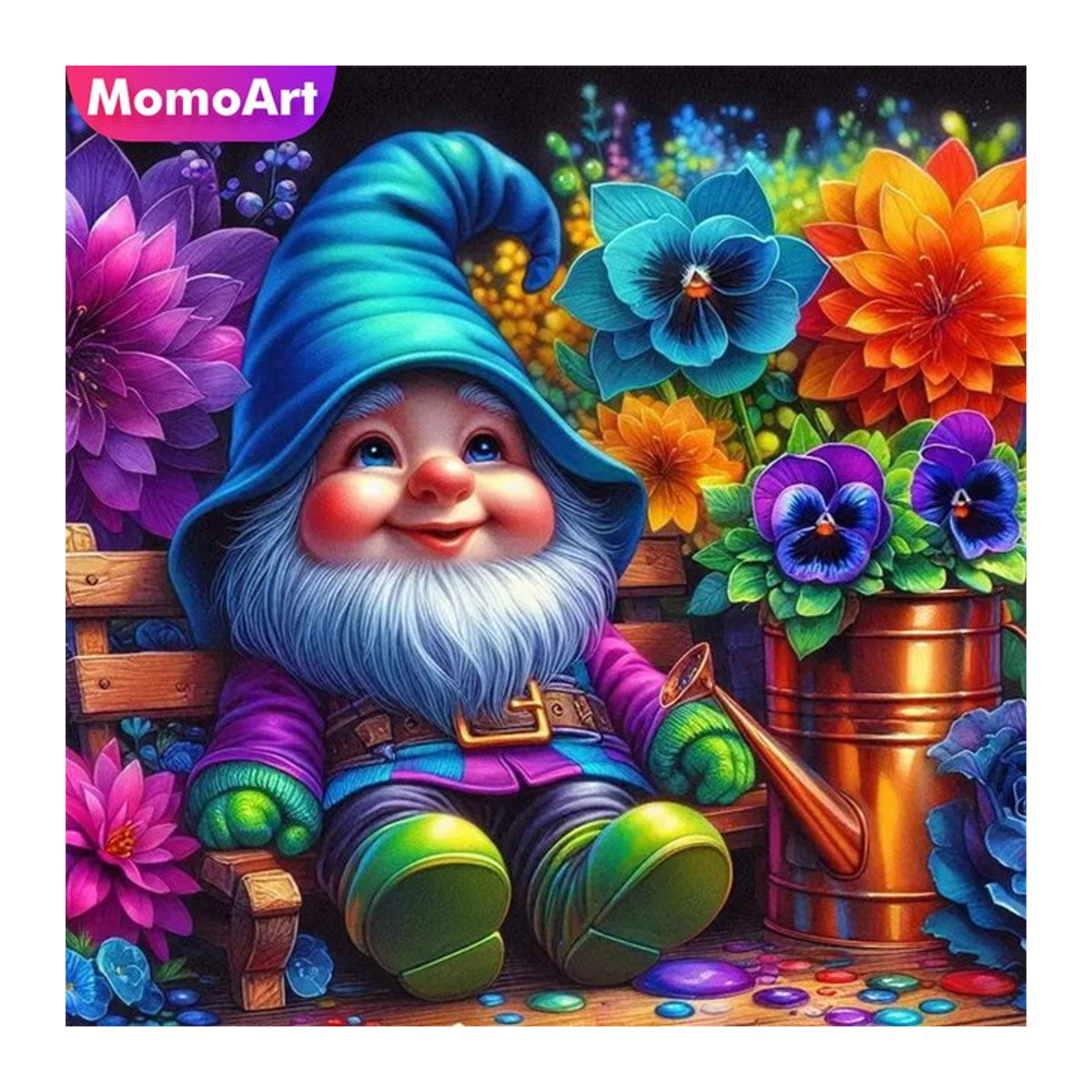 Momoart Diamantmalerei Zwerg Porträt als rundes DIY Diamant-Mosaik mit Blumen-Motiv in Mehrfarbig - Bild 1