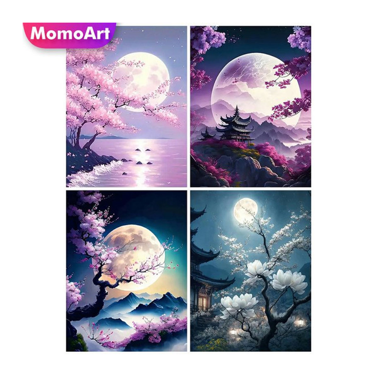 MomoArt Diamantstickerei Mond Landschaft mit Blumen und Bäumen, Mehrfarbig, B/H: 40 x 30 cm - Bild 1