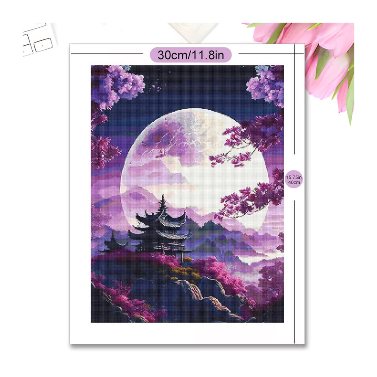 MomoArt Diamantstickerei Mond Landschaft mit Blumen und Bäumen, Mehrfarbig, B/H: 40 x 30 cm - Bild 4