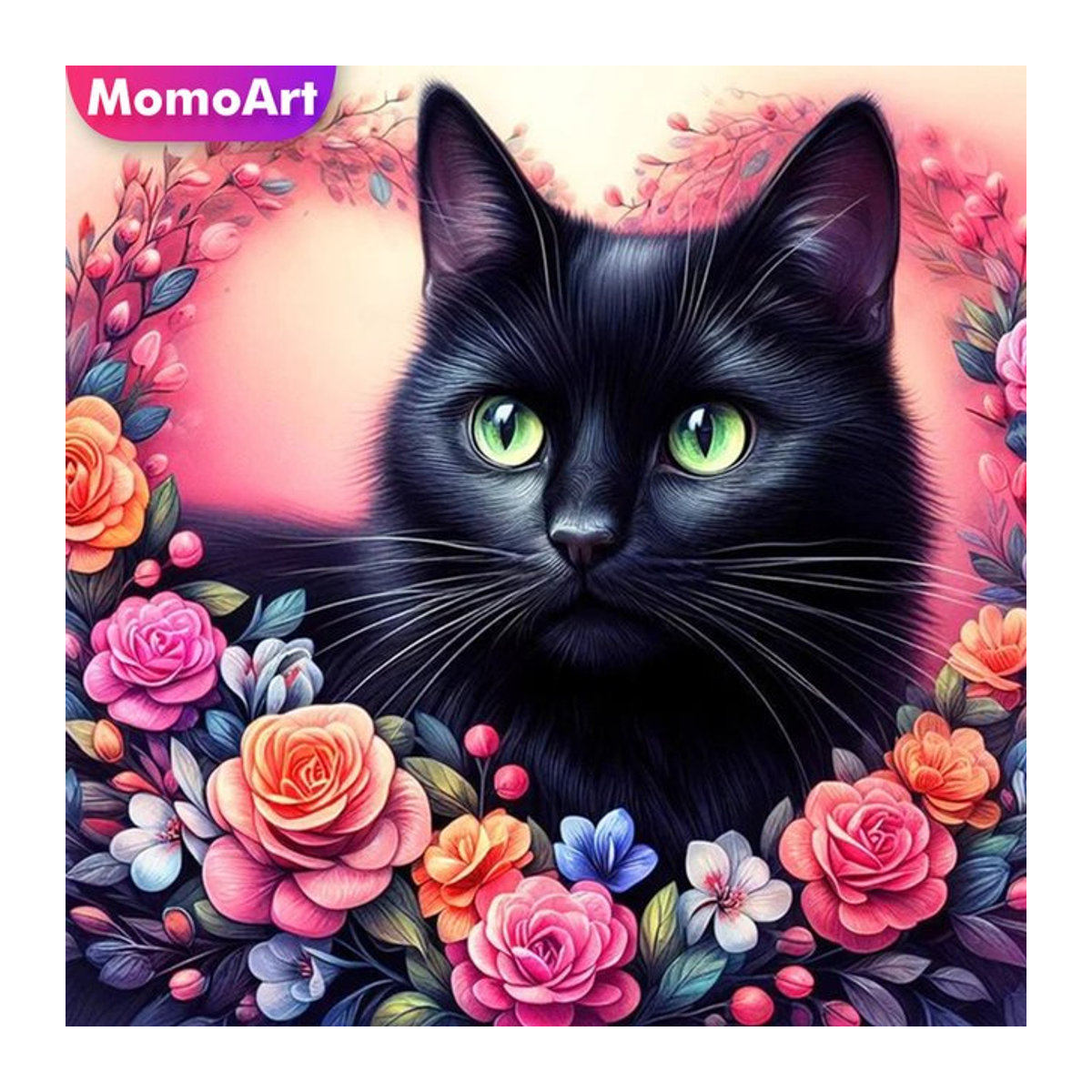MomoArt Diamantstickerei Schwarze Katze mit Kamelienblüten, Rundes Mosaik-Malerei Set in Schwarz - Bild 1