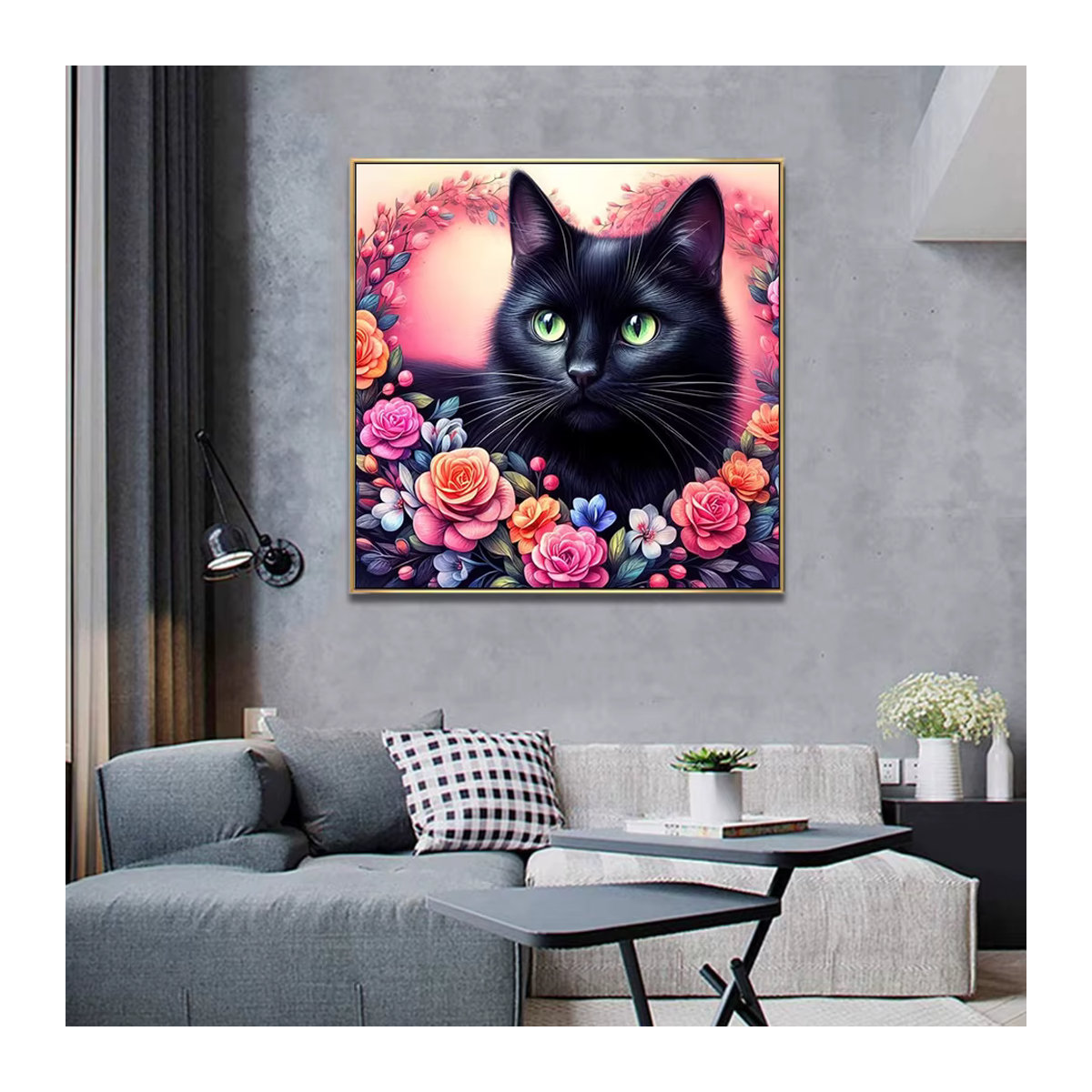 MomoArt Diamantstickerei Schwarze Katze mit Kamelienblüten, Rundes Mosaik-Malerei Set in Schwarz - Bild 3