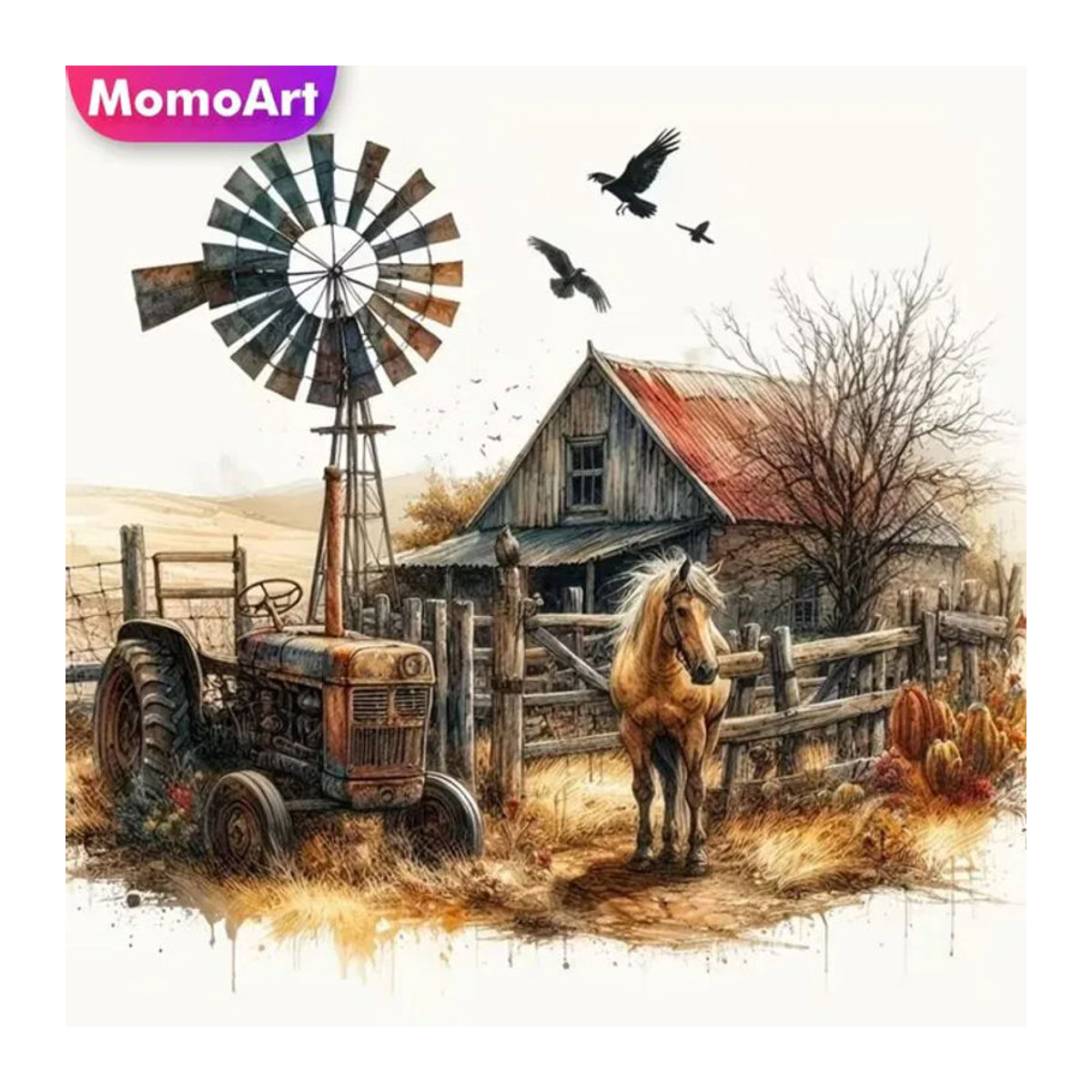 Momoart Diamond Painting Haus-Landschaft mit Traktor als DIY Diamant-Mosaik in Mehrfarbig - Bild 1