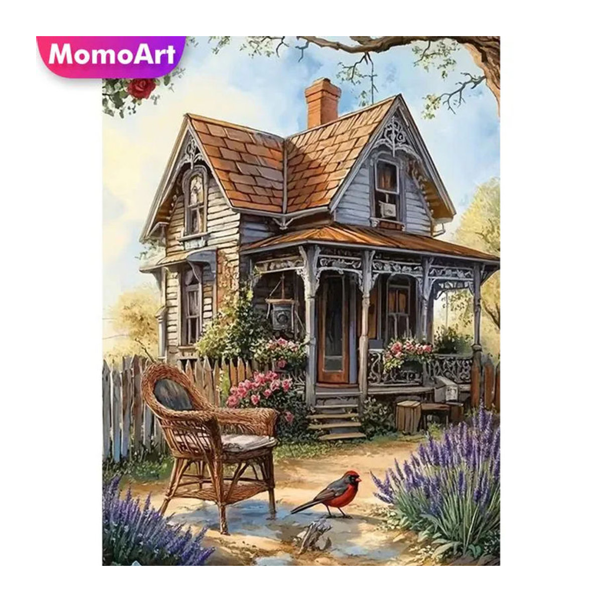 Momoart Diamond Painting Set Landhaus-Landschaft mit mehrfarbigen Runddiamanten als DIY Mosaik-Kreuzstich-Stickerei zur Dekoration - Bild 1