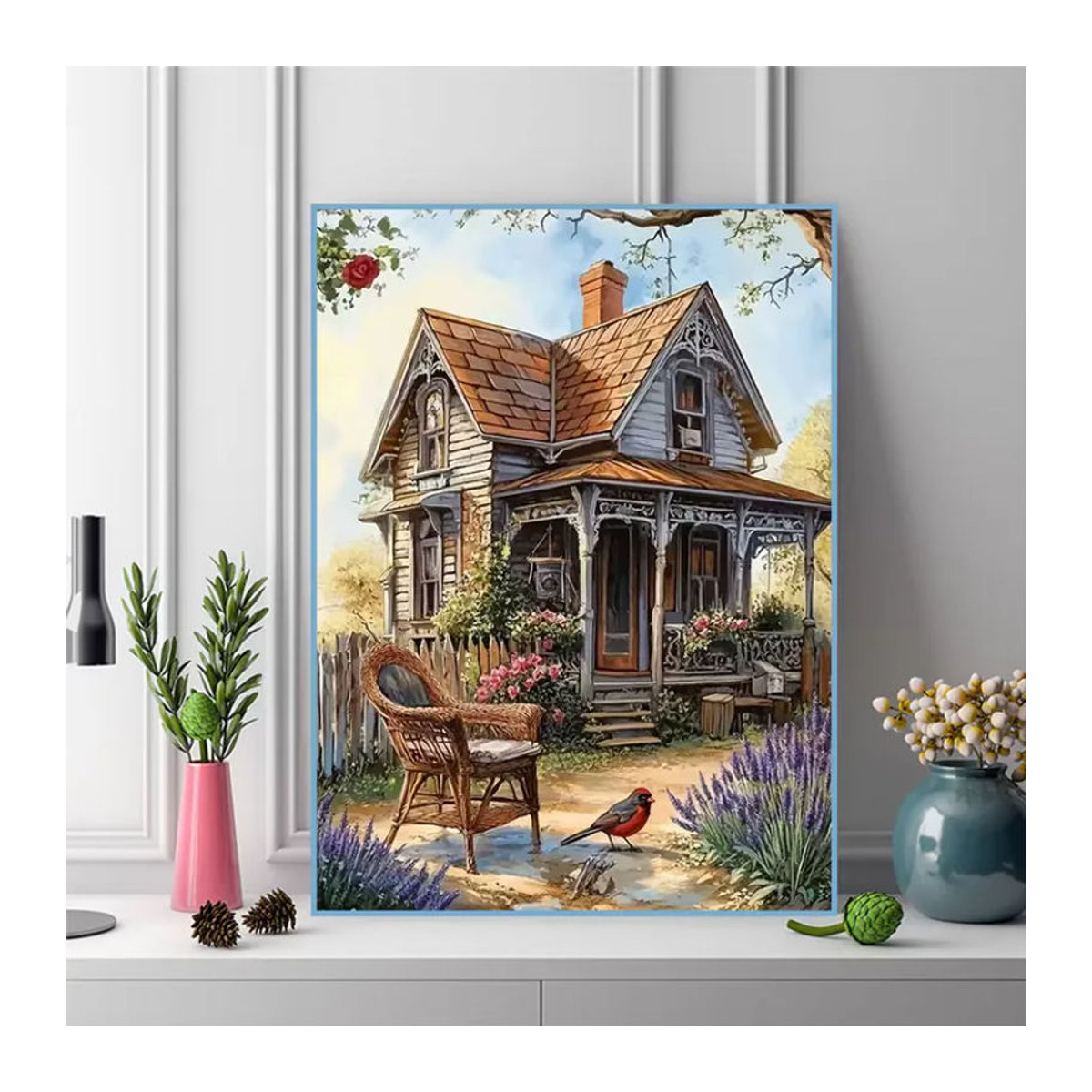 Momoart Diamond Painting Set Landhaus-Landschaft mit mehrfarbigen Runddiamanten als DIY Mosaik-Kreuzstich-Stickerei zur Dekoration - Bild 3