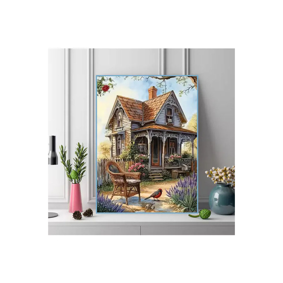 Momoart Diamond Painting Set Landhaus-Landschaft mit mehrfarbigen Runddiamanten als DIY Mosaik-Kreuzstich-Stickerei zur Dekoration - Bild 5