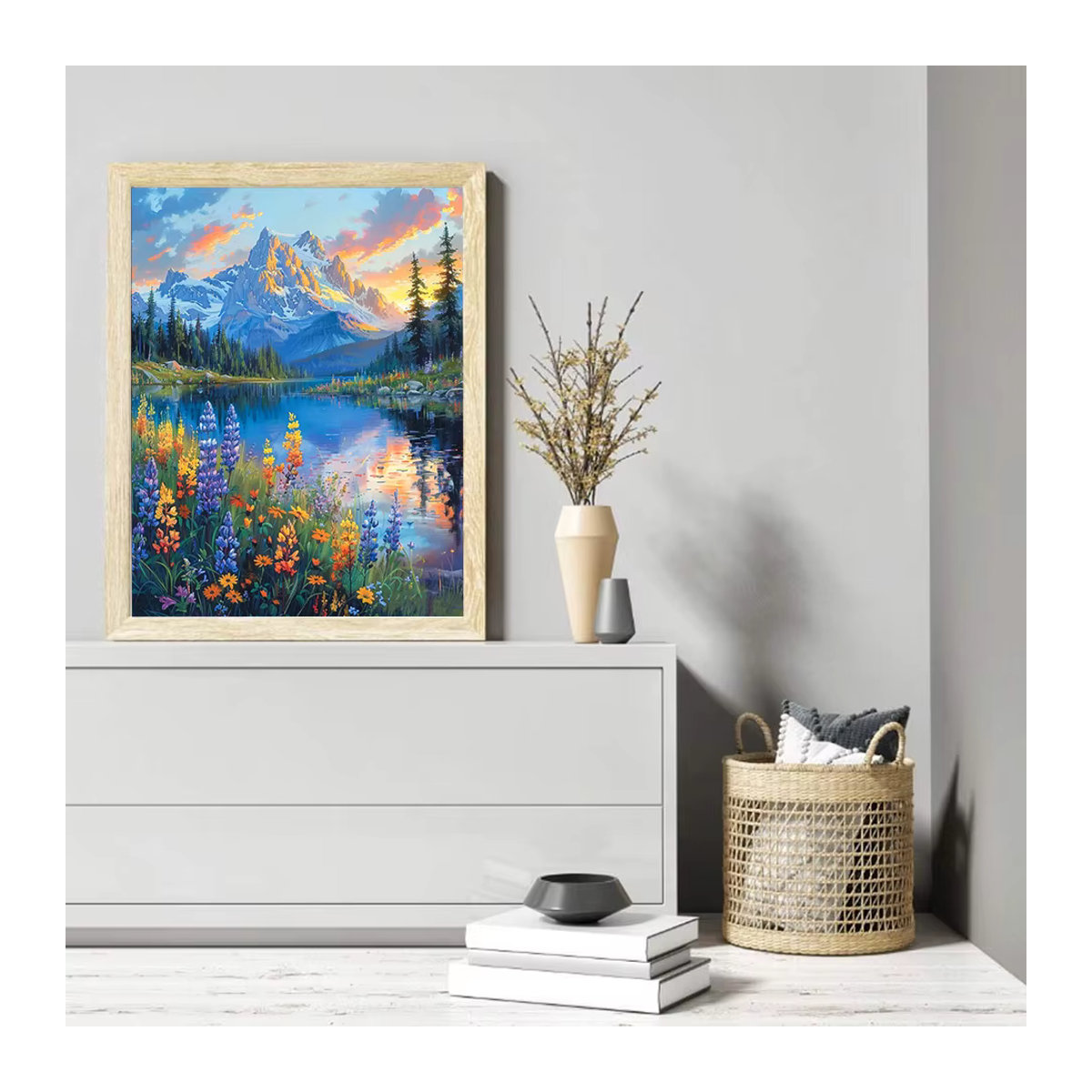Momoart Diamond Painting Set Sonnenuntergang Landschaft mit Fluss und floralen Elementen, Mehrfarbig - Bild 3