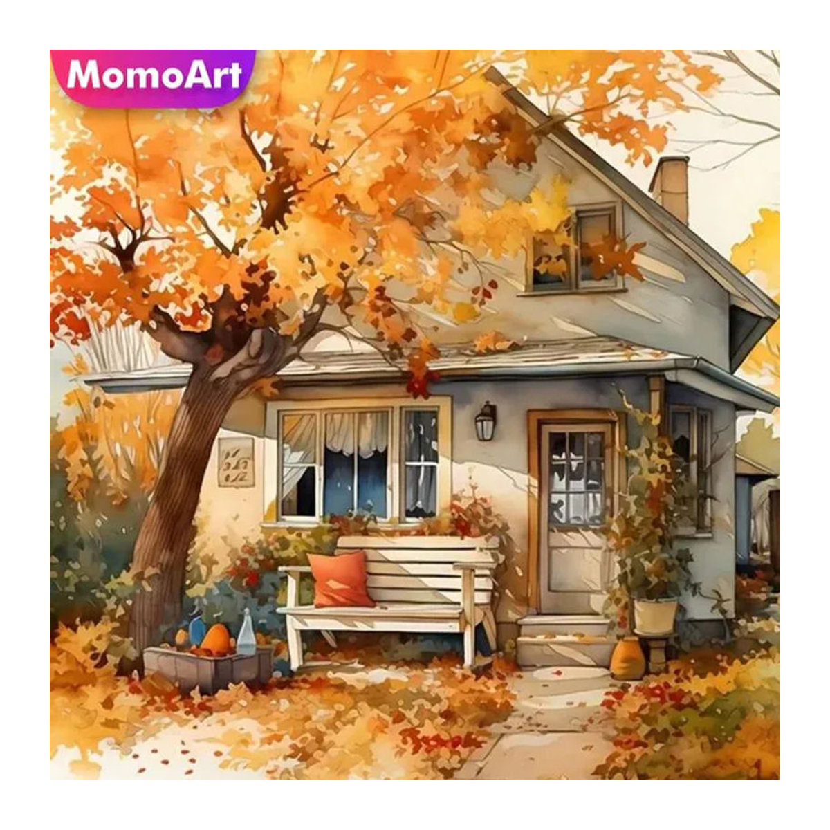 Momoart DIY Diamant-Stickerei Set mit Herbst-Landhaus-Motiv, rundes Mosaik-Bastelset für Wanddekoration, mehrfarbig - Bild 1