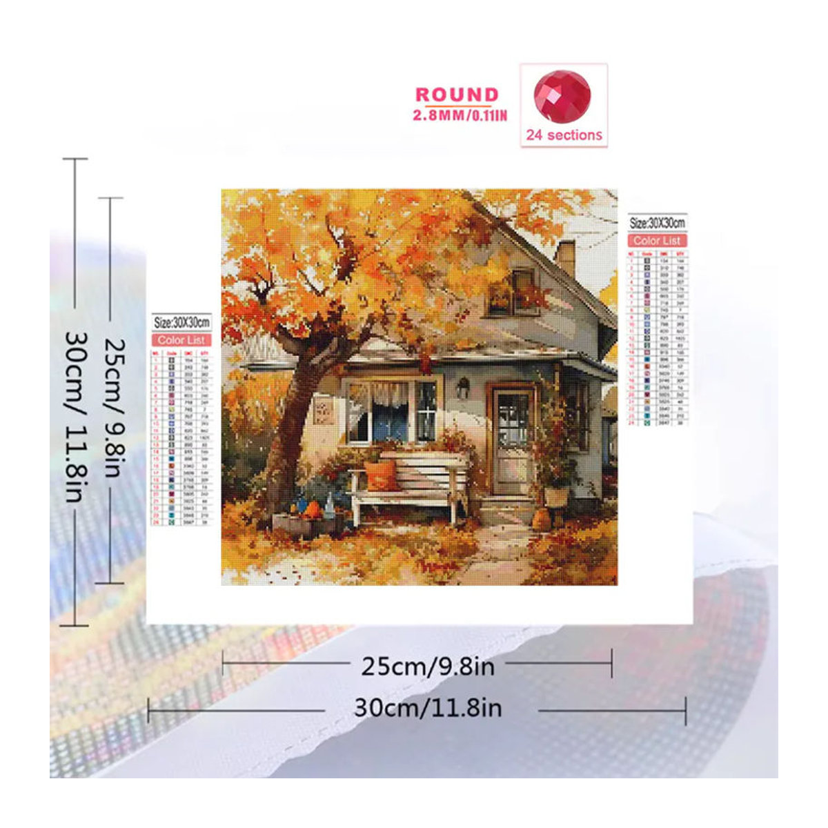 Momoart DIY Diamant-Stickerei Set mit Herbst-Landhaus-Motiv, rundes Mosaik-Bastelset für Wanddekoration, mehrfarbig - Bild 2