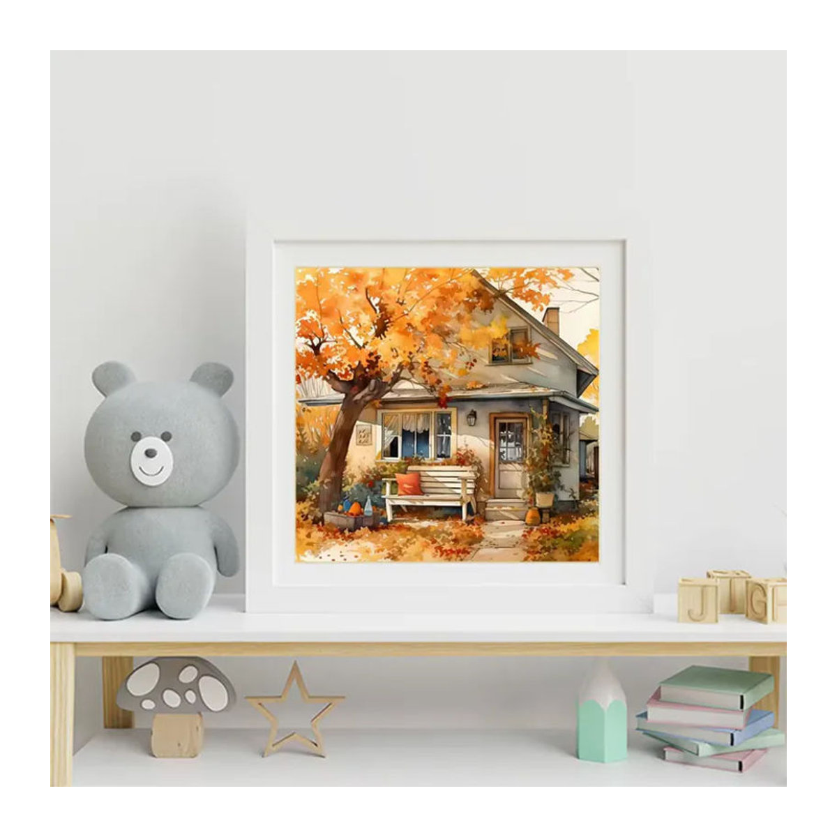 Momoart DIY Diamant-Stickerei Set mit Herbst-Landhaus-Motiv, rundes Mosaik-Bastelset für Wanddekoration, mehrfarbig - Bild 3