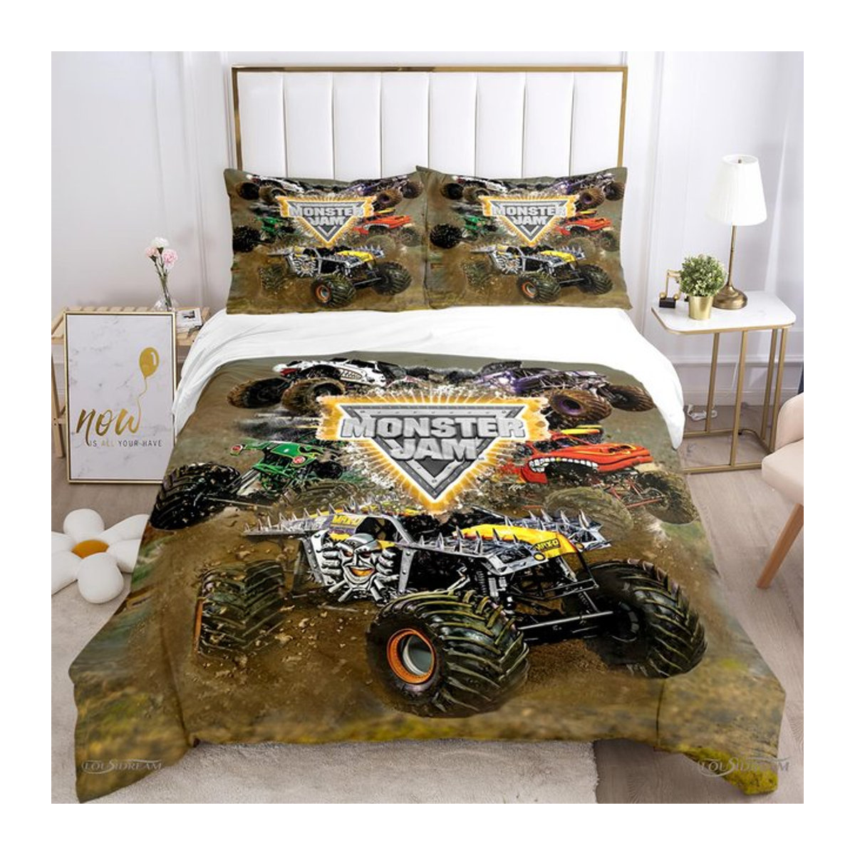 Monster Truck Bettwäsche-Set mit Cartoon Monster Jam Motiv, weiche Deckenbezüge und Kissenbezüge für Teenager, Single B/H: 135 x 200 cm, 3-teilig - Bild 1