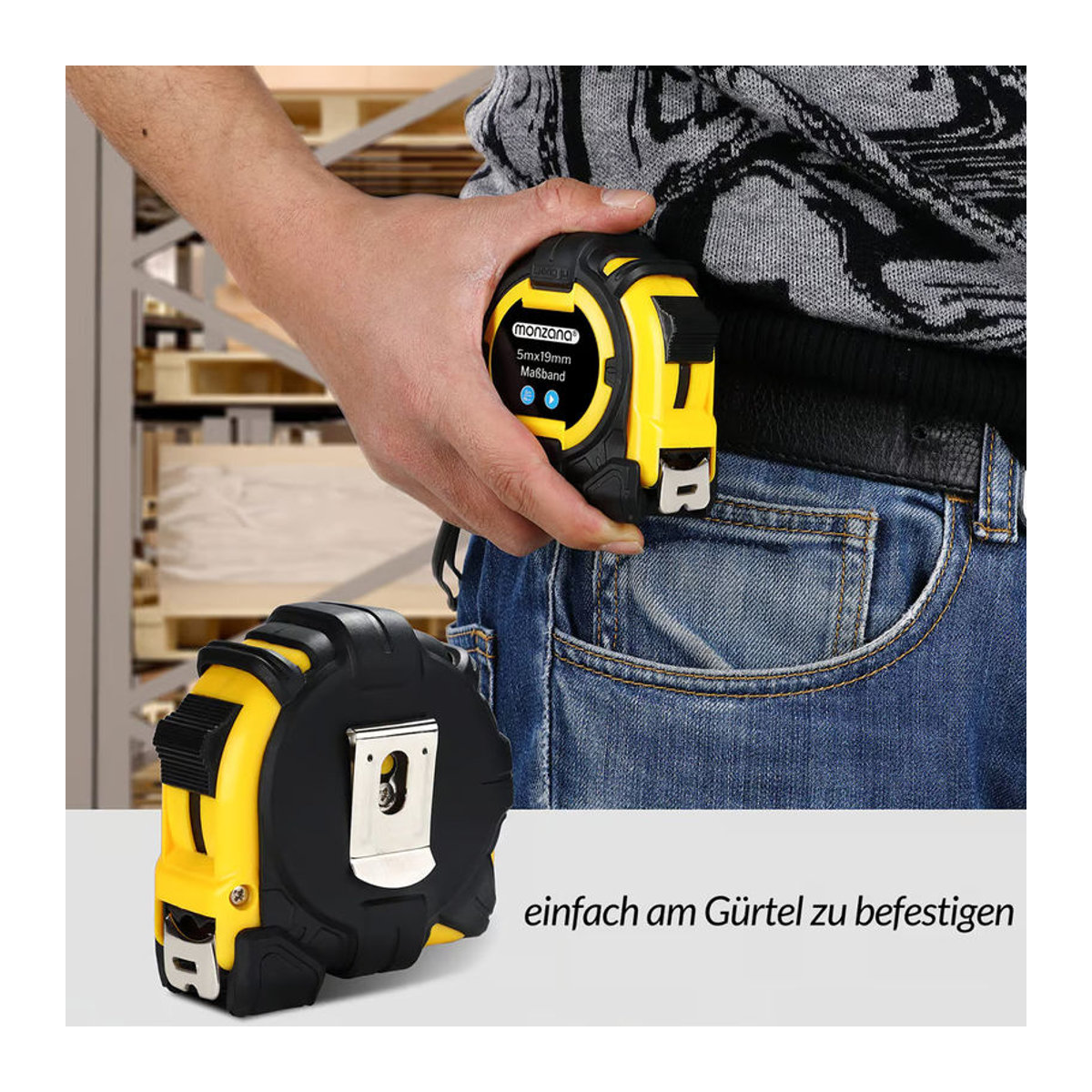Monzana Maßband 5m mit Autorollsystem, magnetischem verschiebbarem Endhaken, Feststeller und Gürtelklemme aus Stahl und Gummi - Bild 6