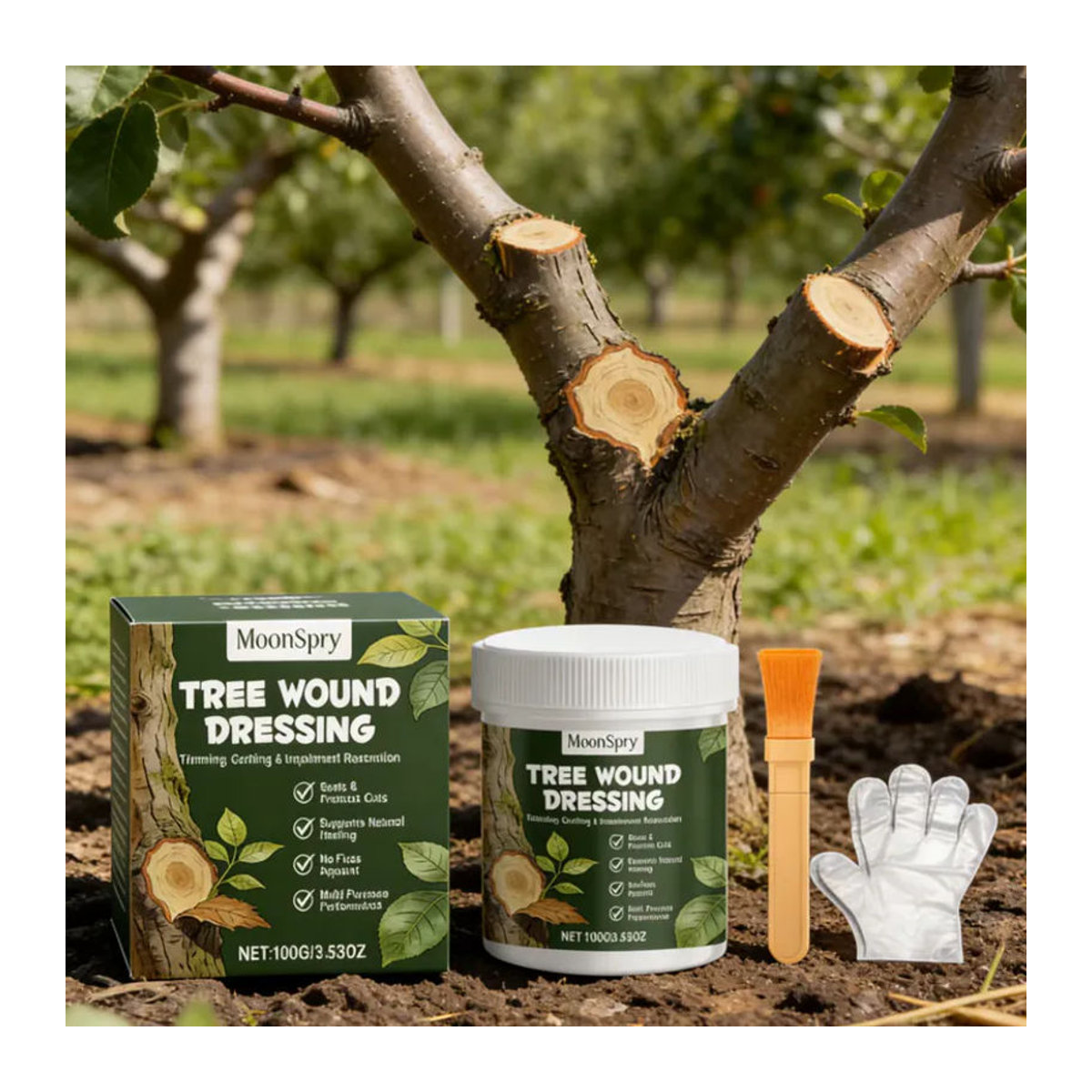 MoonSpry Baumwundcreme zur Wundheilung und Veredelung mit Pinsel und Handschuh, 100g - Bild 5