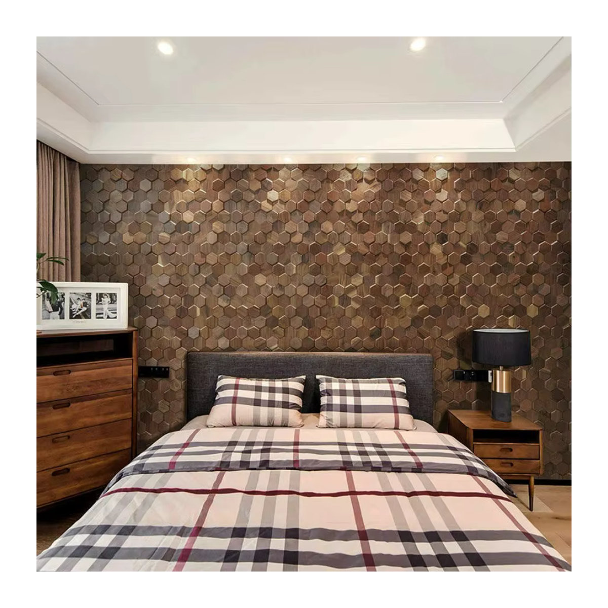 Mosecor 3D-Wandmosaikfliese aus Holz in Schwarz und Braun, moderne sechseckige Holzplatte für die Wanddekoration - Bild 2