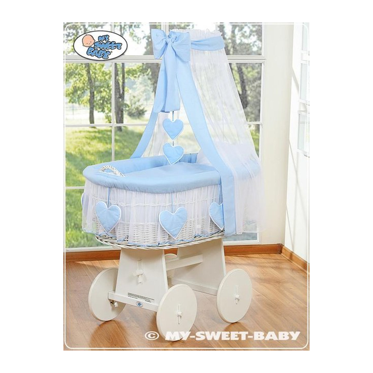 Moseskorb Amelie mit Verdeck aus Holz und Weide in Blau und Weiß von MY SWEET BABY - Bild 1